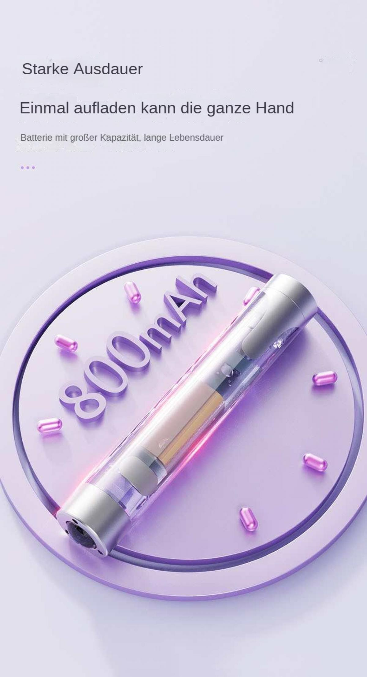 Ein klares, zylindrisches Objekt mit 800mAh auf einem lila Hintergrund. Kleine Kapseln umgeben es. Der Text oben lautet 'Starke Ausdauer'.
