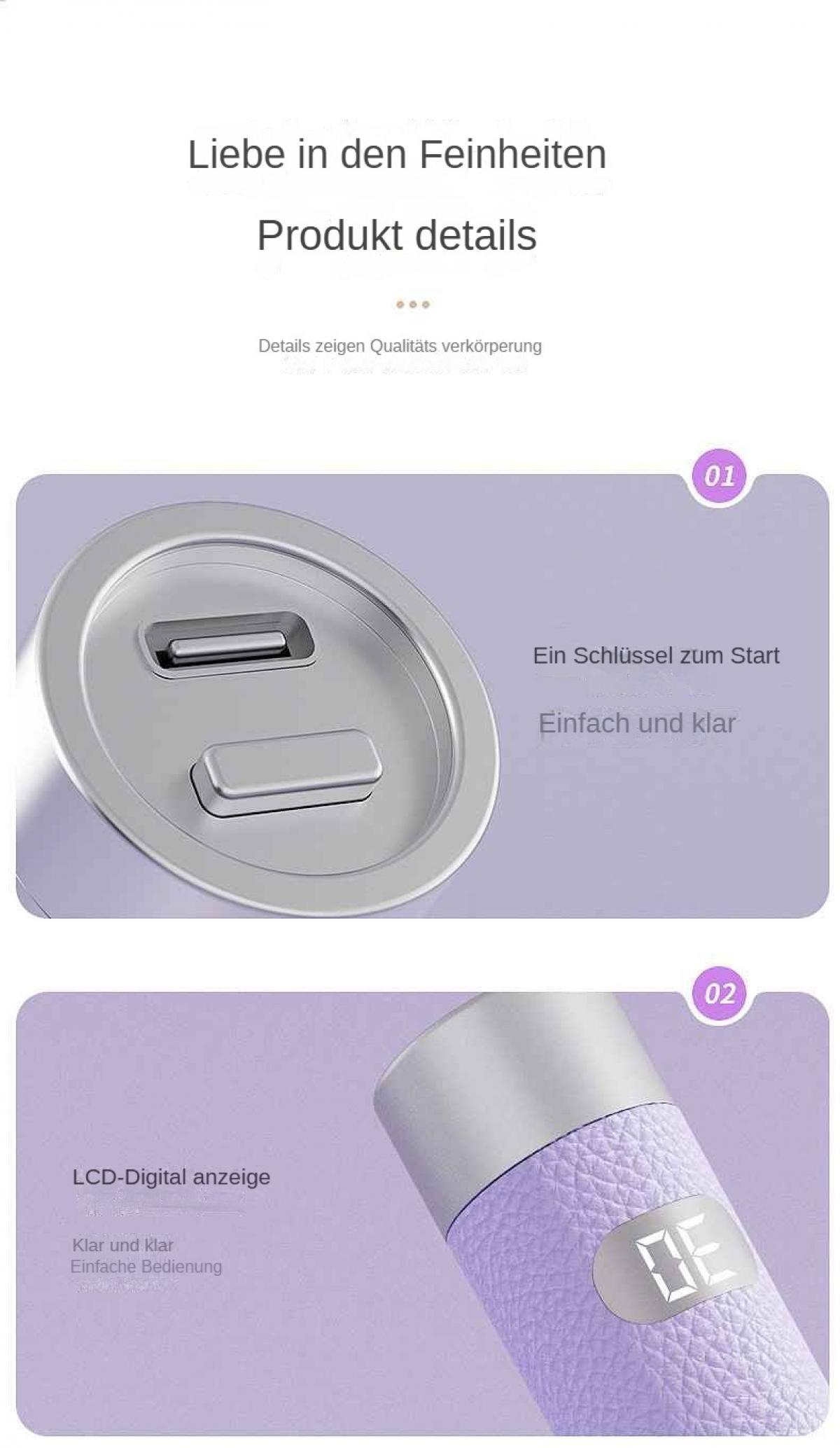 Das Bild zeigt Produktdetails. Nahaufnahme eines Ladeanschlusses und eines Geräts mit LCD-Anzeige, die 'DE' zeigt.