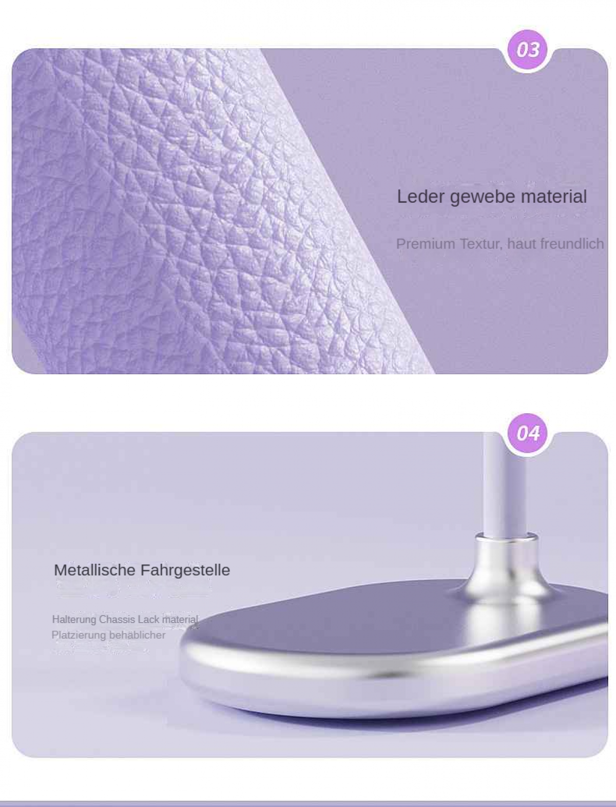 Das Bild zeigt Details eines Produkts mit lederartiger Textur und Metallbasis. Text auf Deutsch beschreibt Material und Eigenschaften.