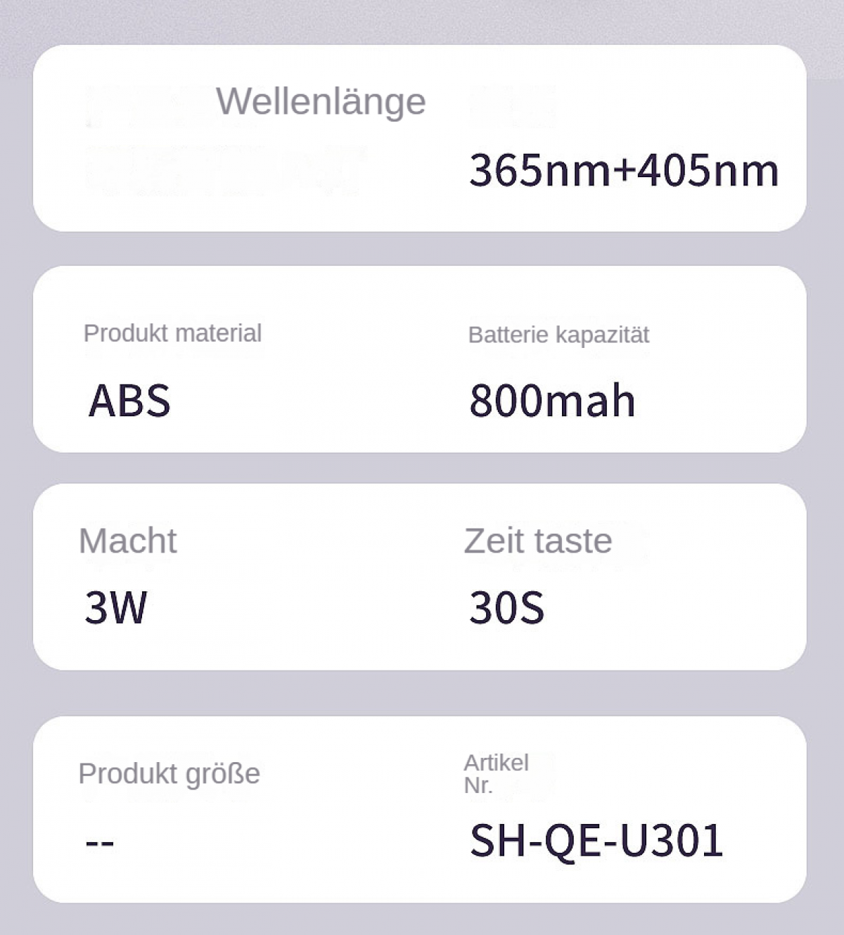Das Bild zeigt Produktspezifikationen: Wellenlänge 365nm+405nm, ABS-Material, 800 mAh Akku, 3W Leistung, 30S Zeit und Produktcode SH-QE-U301.