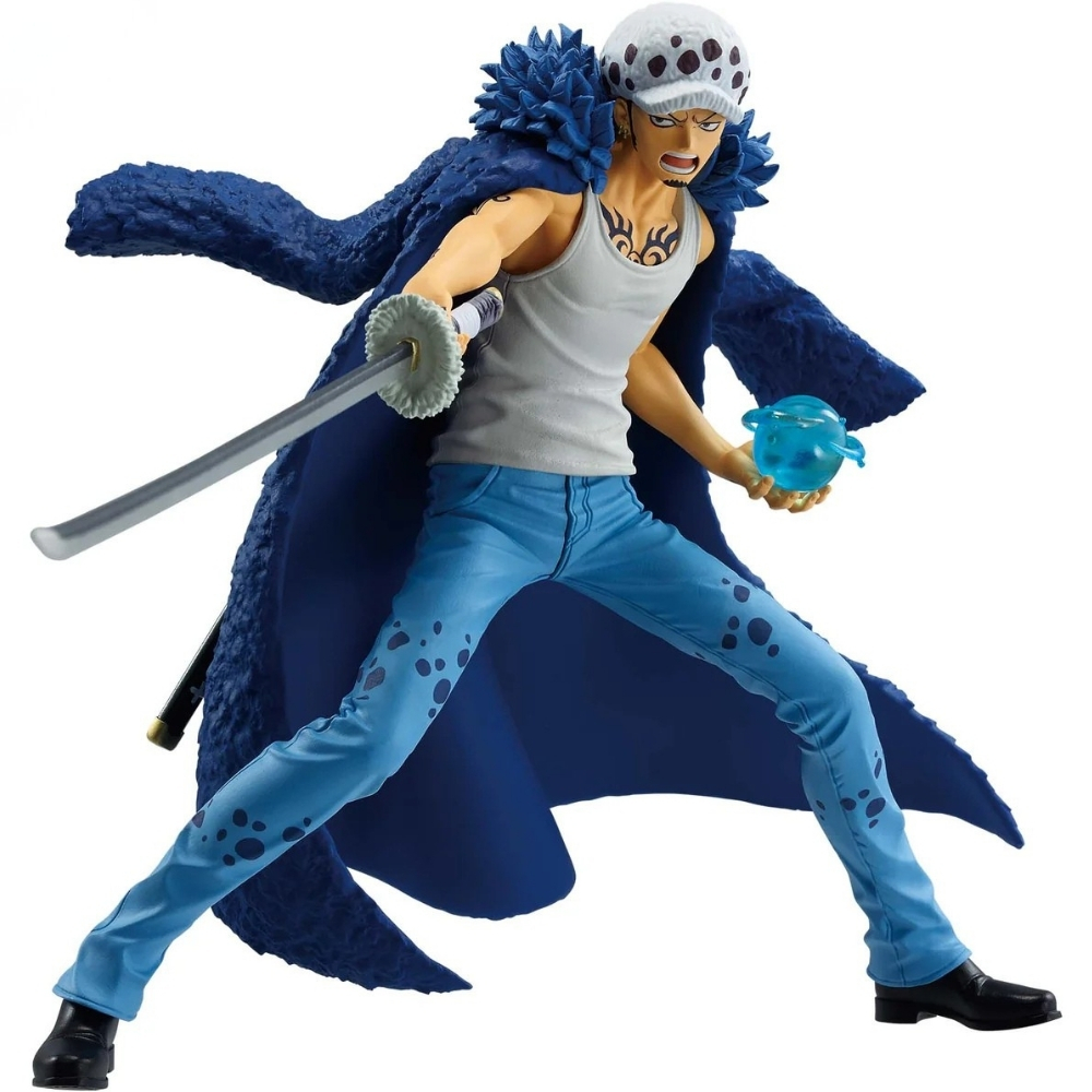 Eine Figur eines Mannes in blauen Jeans, einem weißen Tanktop und einem dunkelblauen Mantel, der ein Schwert und eine blaue Kugel hält.