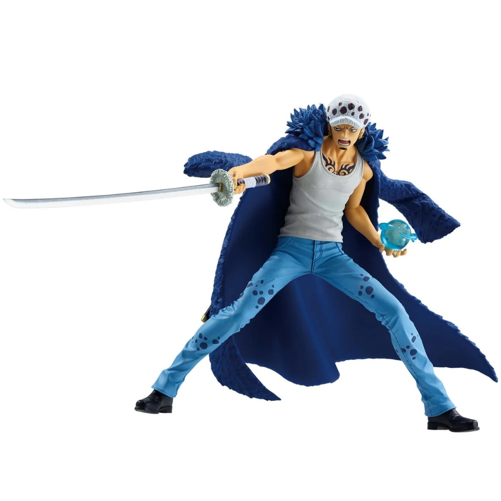 Eine Figur eines Mannes in blauer Jeans, einem grauen Tanktop und einem blauen Mantel. Er hält ein Schwert und eine blaue Kugel.
