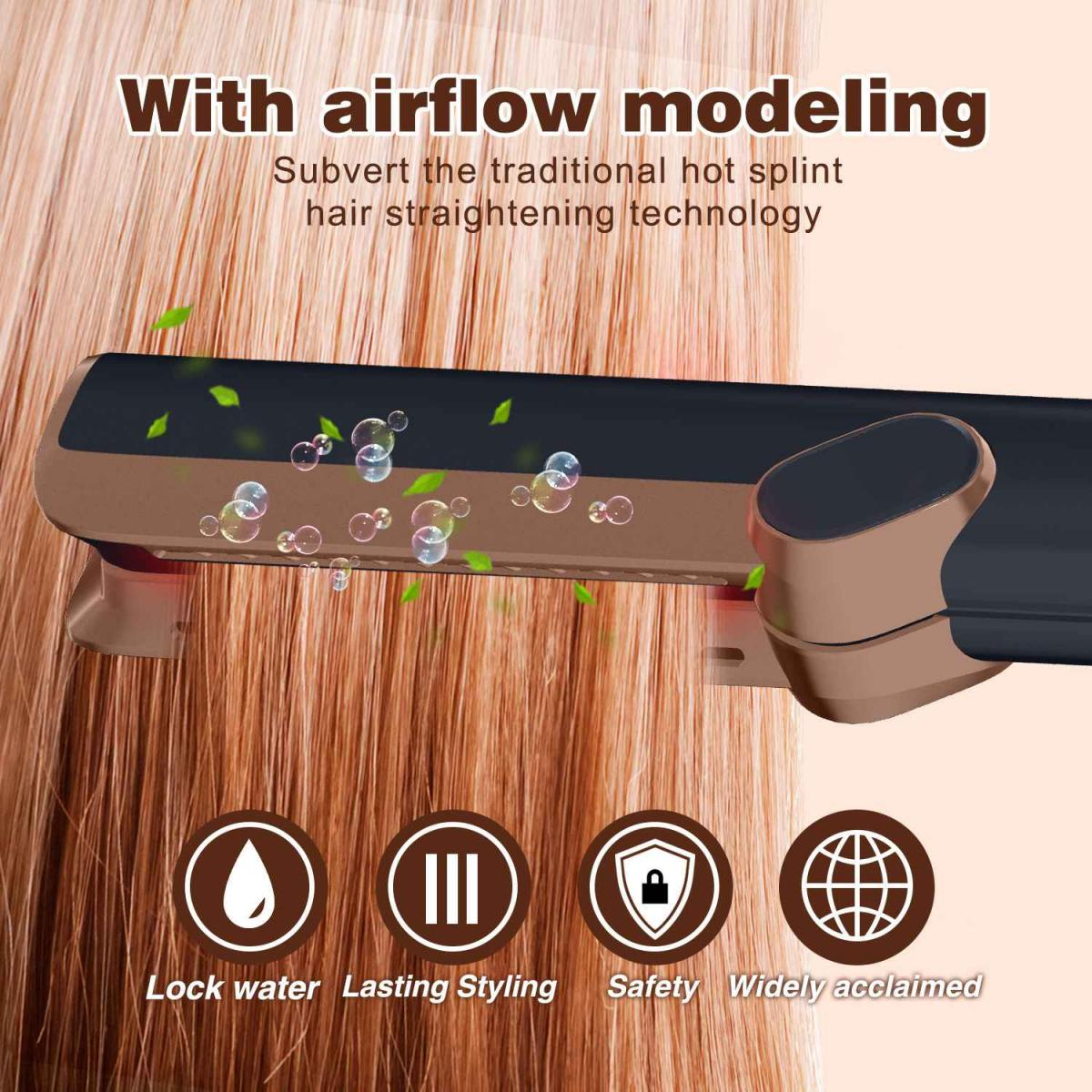 Ein Haarglätter wird auf braunem Haar gezeigt. Text enthält 'With airflow modeling' und Symbole für Wasser, Styling, Sicherheit und global.