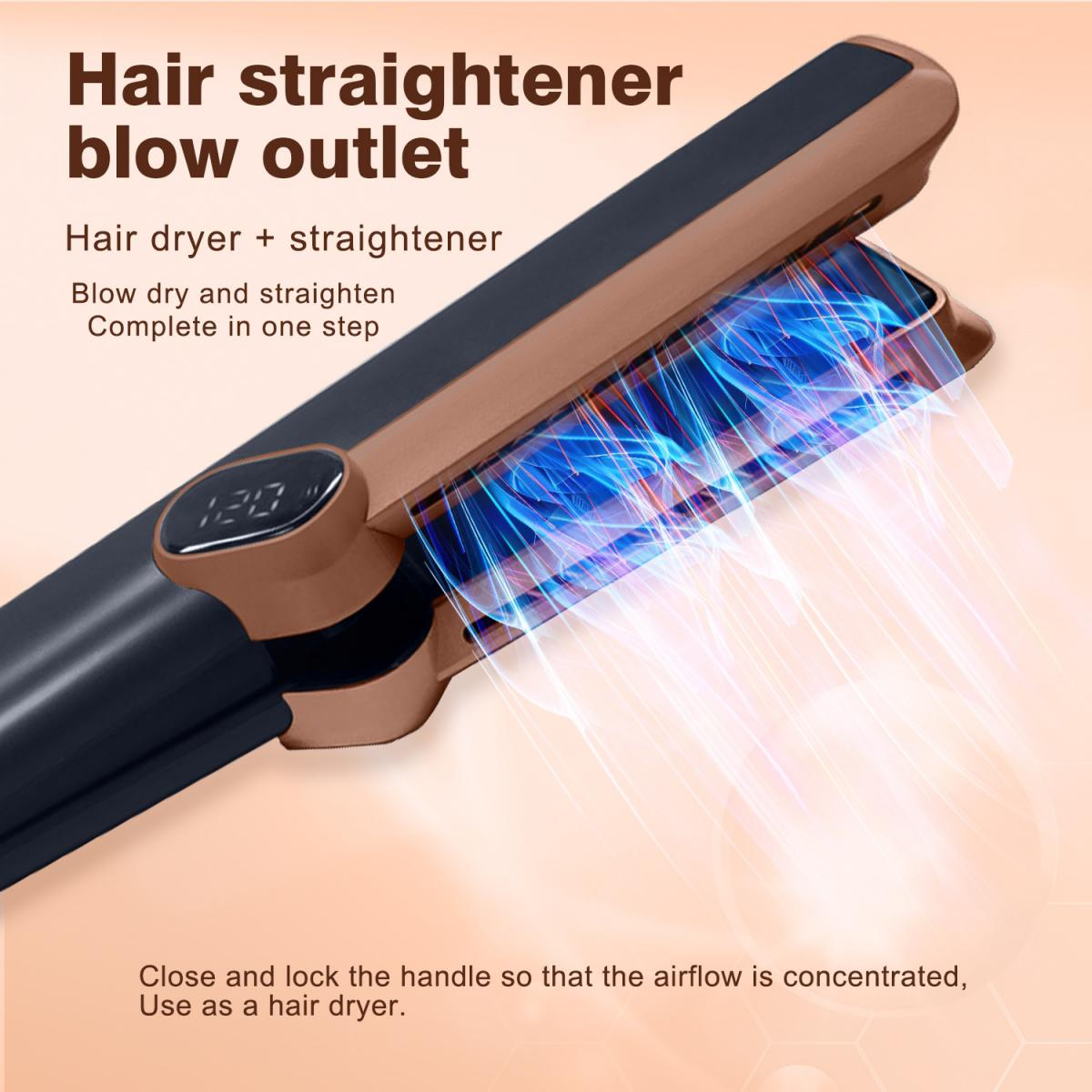 Ein Haarglätter-Auslass mit Text, einer Digitalanzeige mit 120 und einer Nahaufnahme des Heizelements.