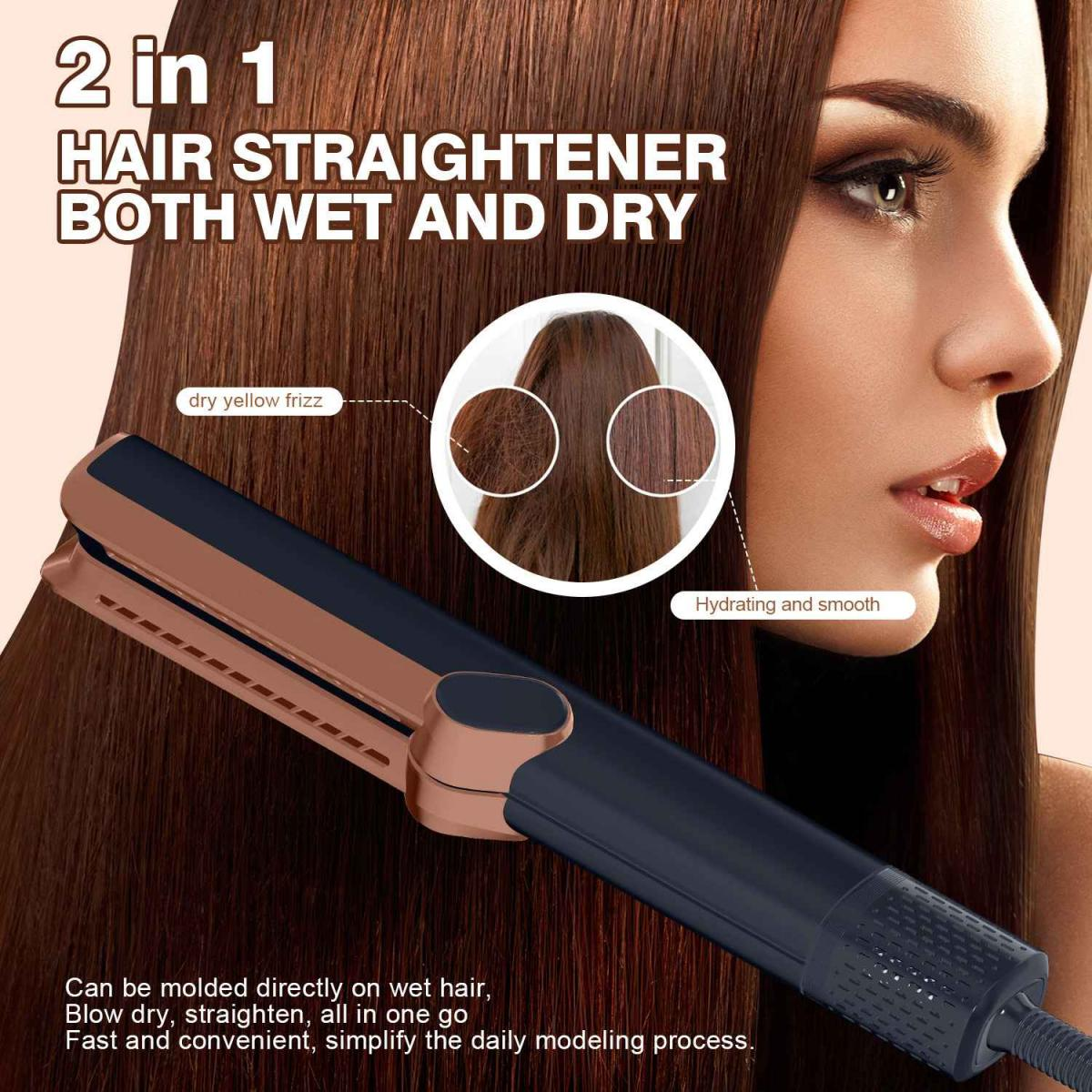 Haarglätter mit dem Gesicht einer Frau. Das Gerät ist schwarz und bronze. Haarvergleich in Kreisen. Text: Nass und trocken.