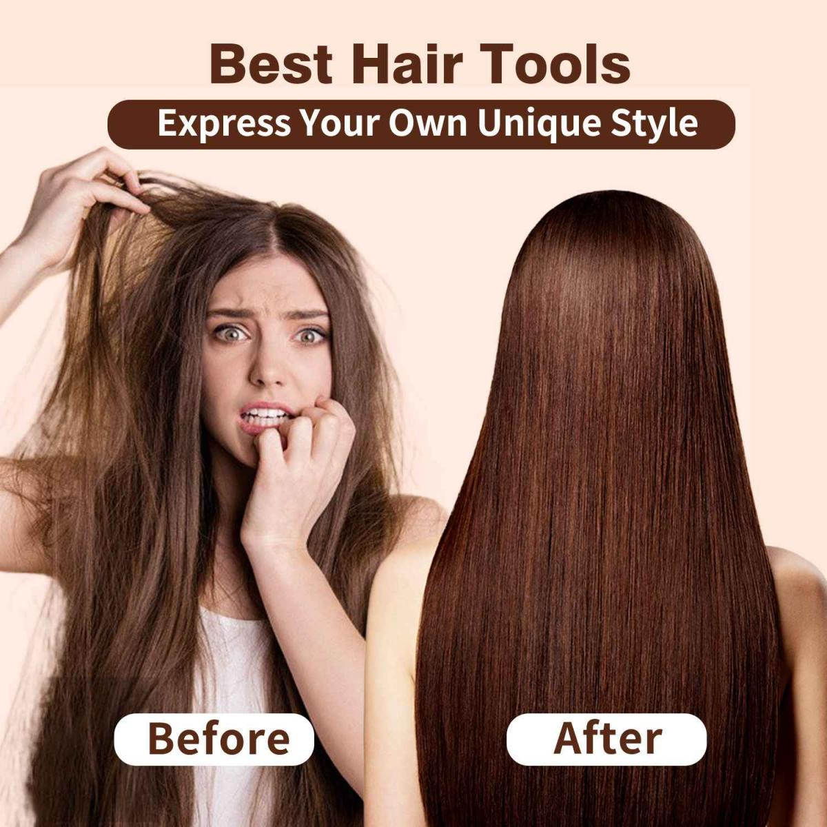 Das Bild zeigt 'Vorher' und 'Nachher' Haare. Vorher: Krauses Haar, gestresste Frau. Nachher: Glattes, glänzendes Haar. Text: 'Beste Haarwerkzeuge'.