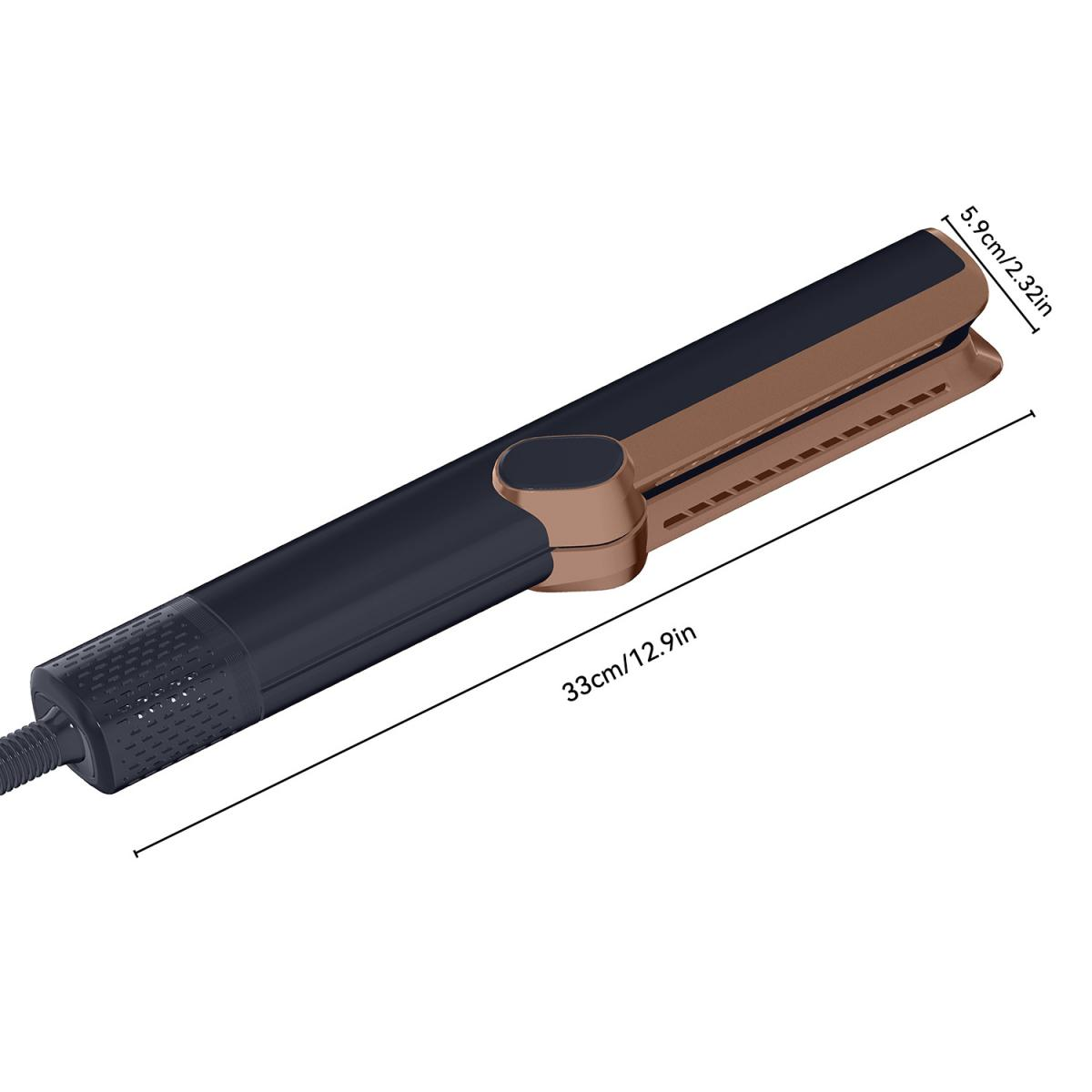 Ein Haarglätter, schwarz und braun, wird diagonal gezeigt. Maße werden angezeigt: 33 cm / 12,9 Zoll und 5,9 cm / 2,32 Zoll.