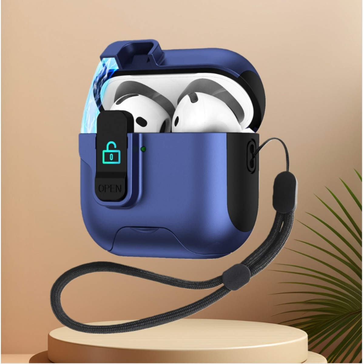 Una funda azul que contiene auriculares blancos, abierta para revelarlos. Tiene una correa negra y una pequeña pantalla que dice 'abrir'.
