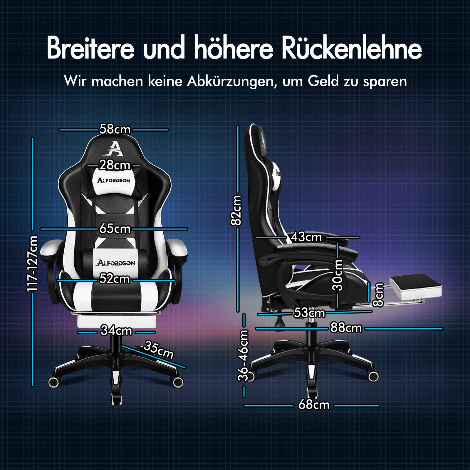 Ein Gaming-Stuhl mit angezeigten Abmessungen. Er ist schwarz und weiß. Der Text lautet: Breitere und höhere Rückenlehne.