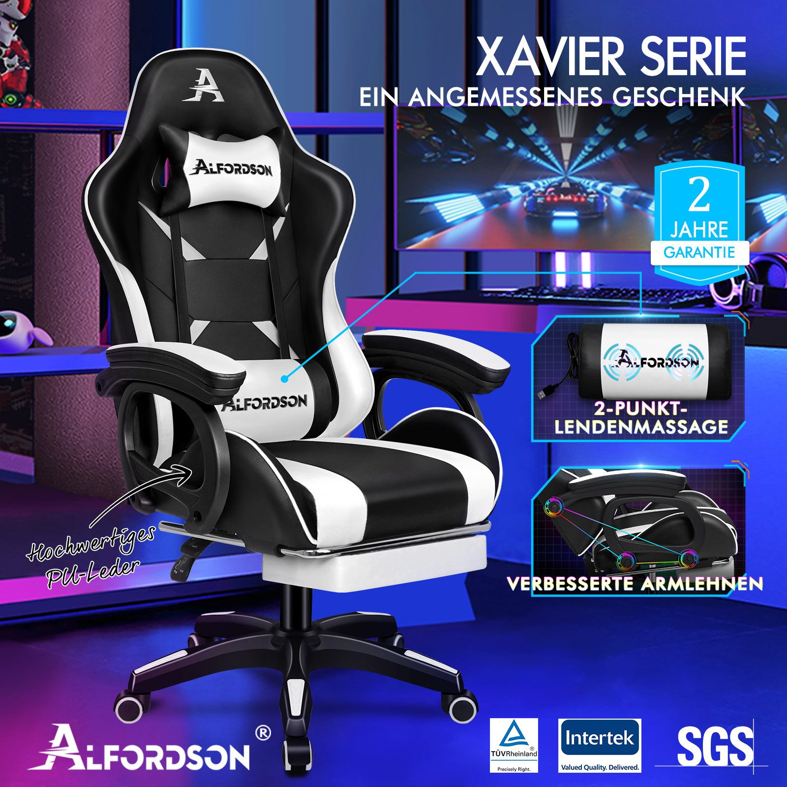 Schwarzer und weißer Gaming-Stuhl mit der Marke Alfordson. Er hat eine Kopfstütze und Armlehnen. Der Hintergrund ist blau.