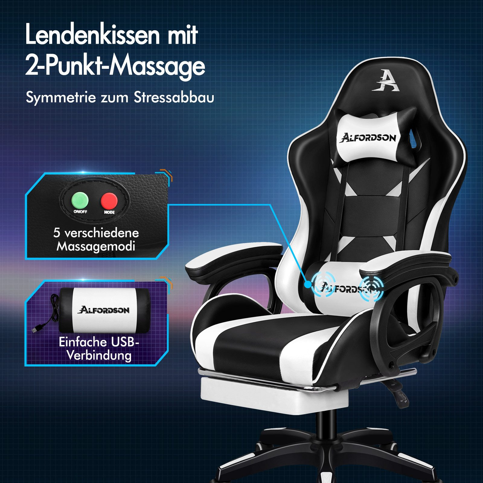 Schwarzer und weißer Gaming-Stuhl mit Lendenwirbelstütze, Bedienfeld und USB-Anschluss für Massage.