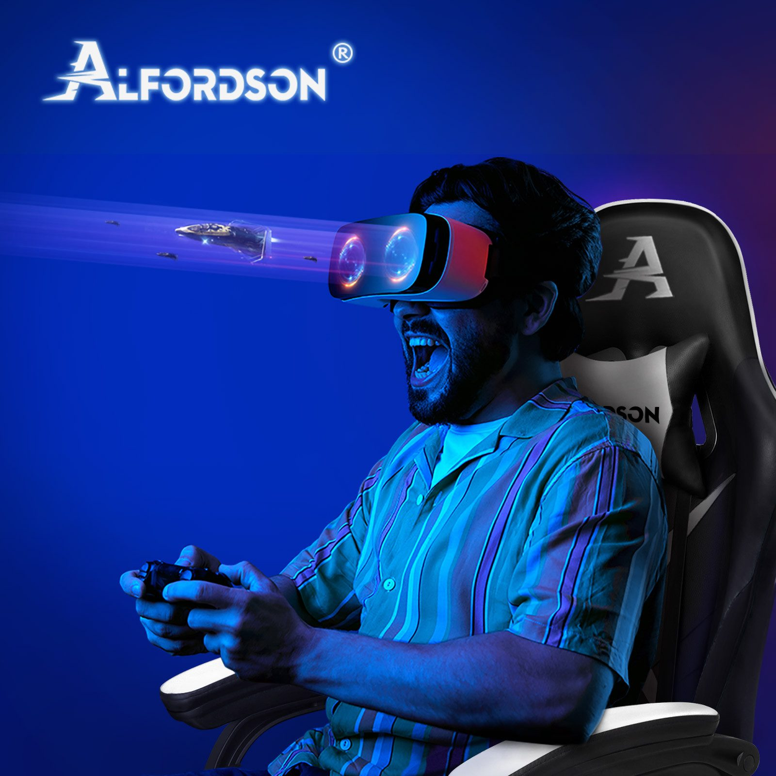 Mann mit VR-Headset spielt Spiel, sitzt in Gaming-Stuhl, futuristische Szene vor ihm.