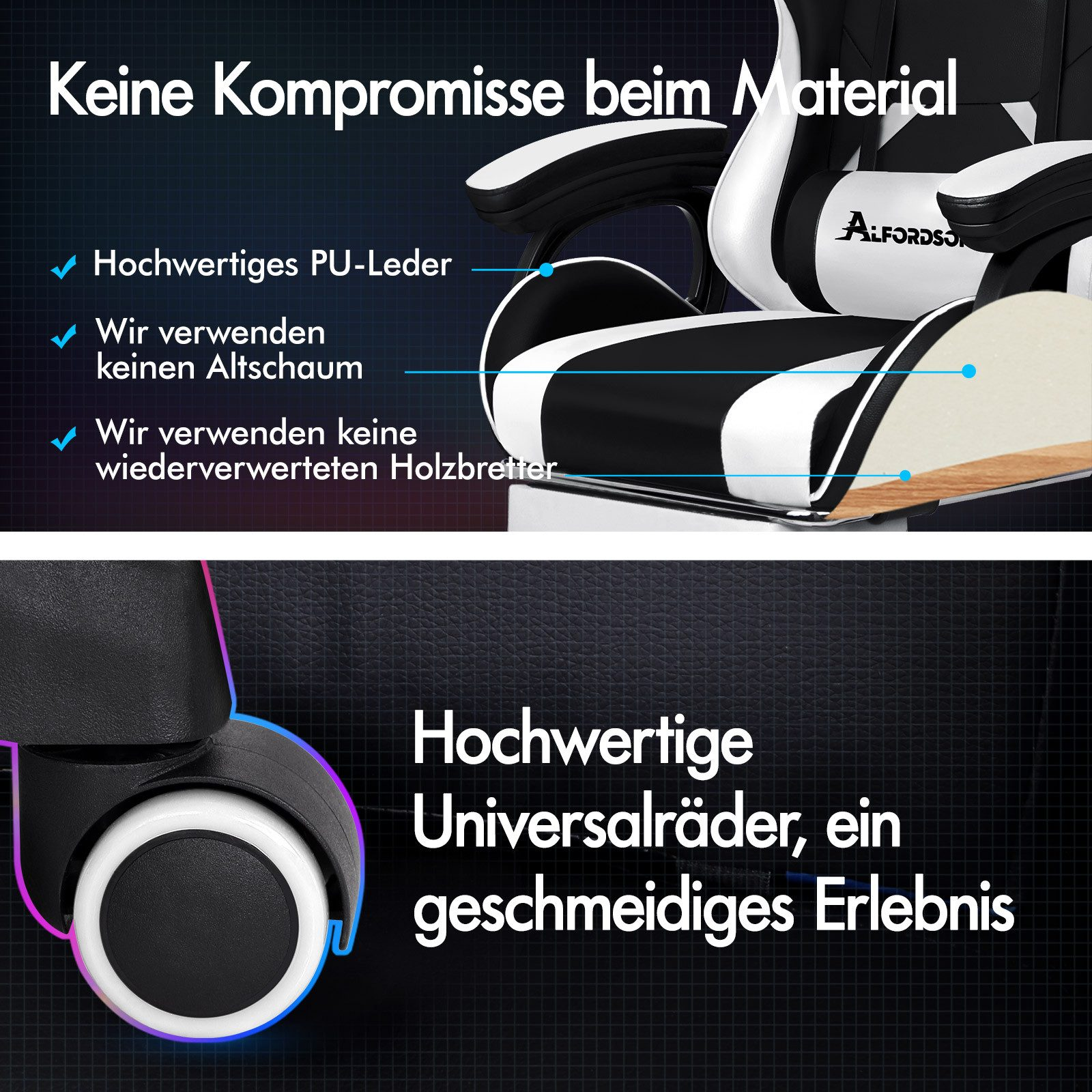 Detail eines Gaming-Stuhls. Schwarz-Weiß-Leder, PU-Leder, keine recycelten Materialien. Raddetail. Text: hochwertige Räder, geschmeidiges Erlebnis.