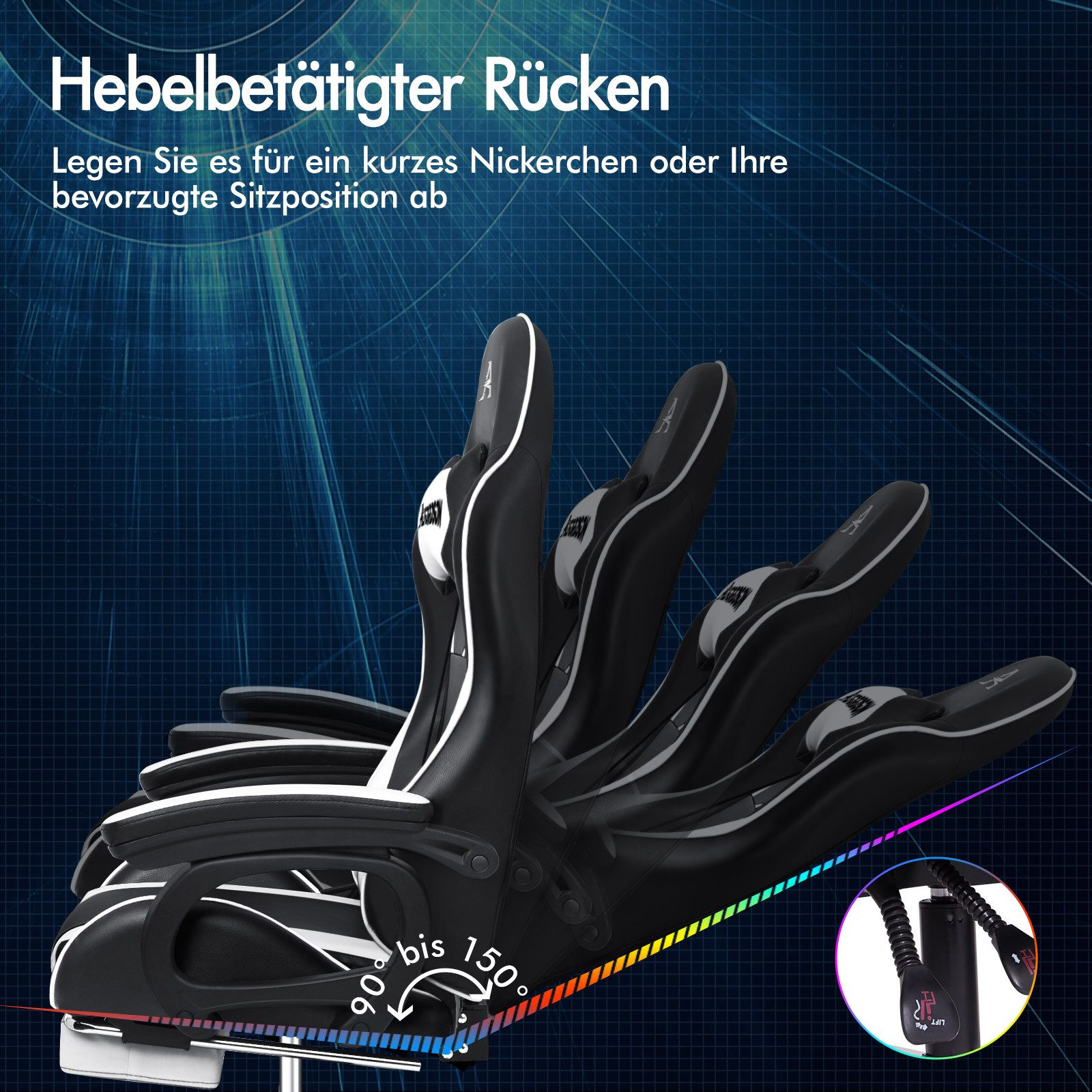 Schwarzer und weißer ergonomischer Stuhl. Die Rückenlehne lässt sich von 90 bis 150 Grad verstellen. Blauer Hintergrund mit Text auf Deutsch.
