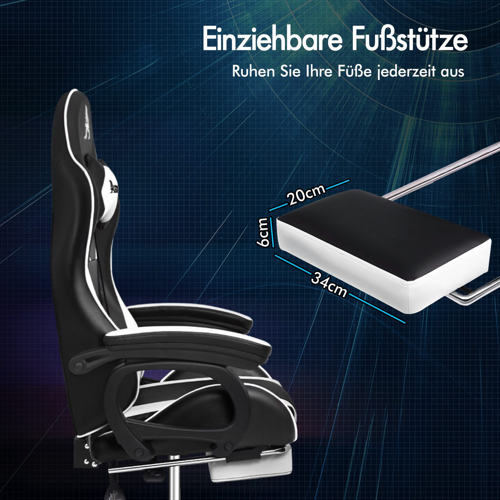 Schwarzer und weißer Gaming-Stuhl mit Fußstütze. Die Fußstütze ist schwarz und weiß, mit Größenangaben.