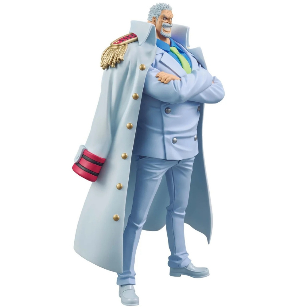 Figur eines Mannes in hellblauem Anzug und Mantel, Arme verschränkt. Die Figur hat graues Haar, Bart und goldene Schulterklappen.