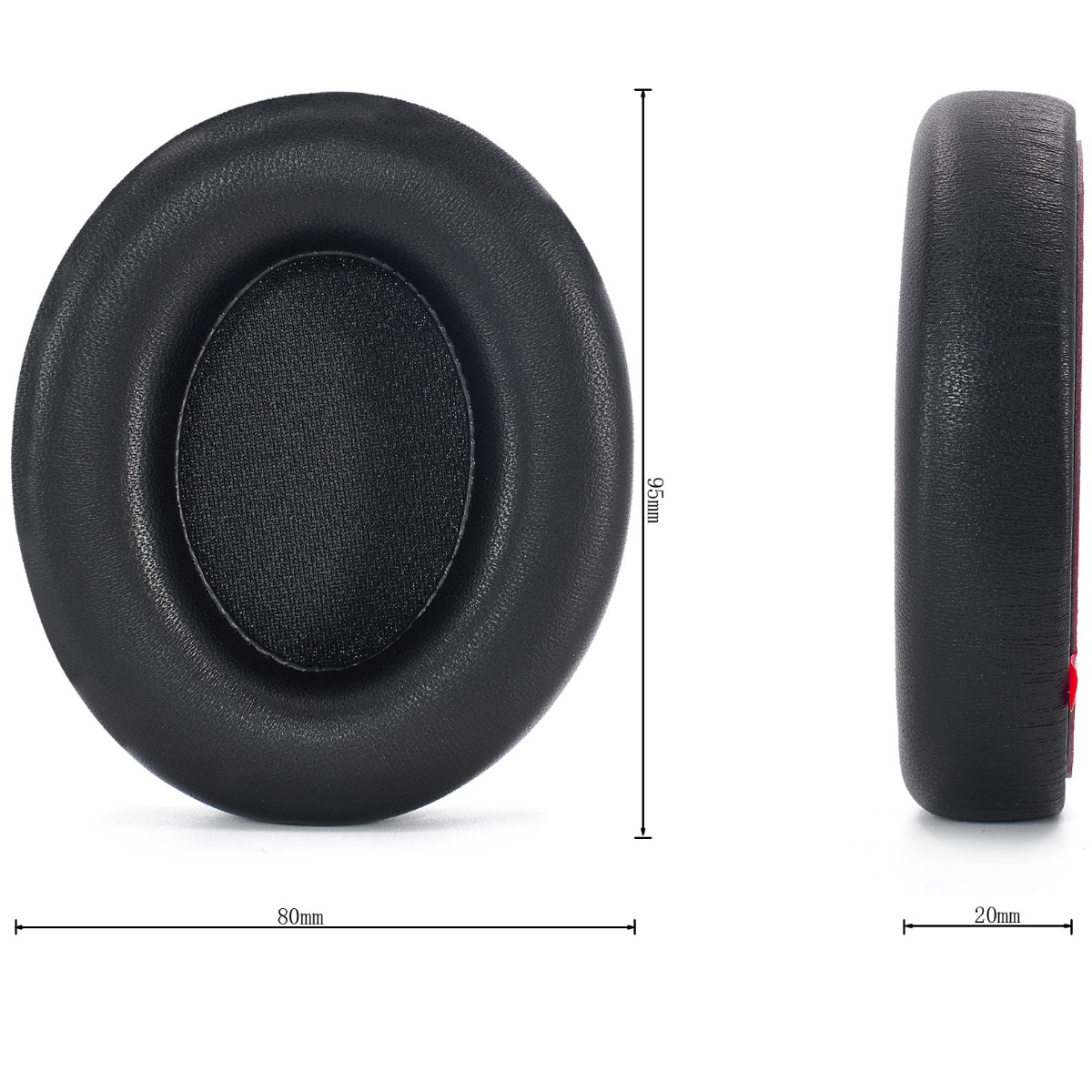 Se muestran dos almohadillas negras para auriculares. Dimensiones: 80 mm de ancho, 95 mm de alto y 20 mm de grosor. El lado muestra un interior rojo.