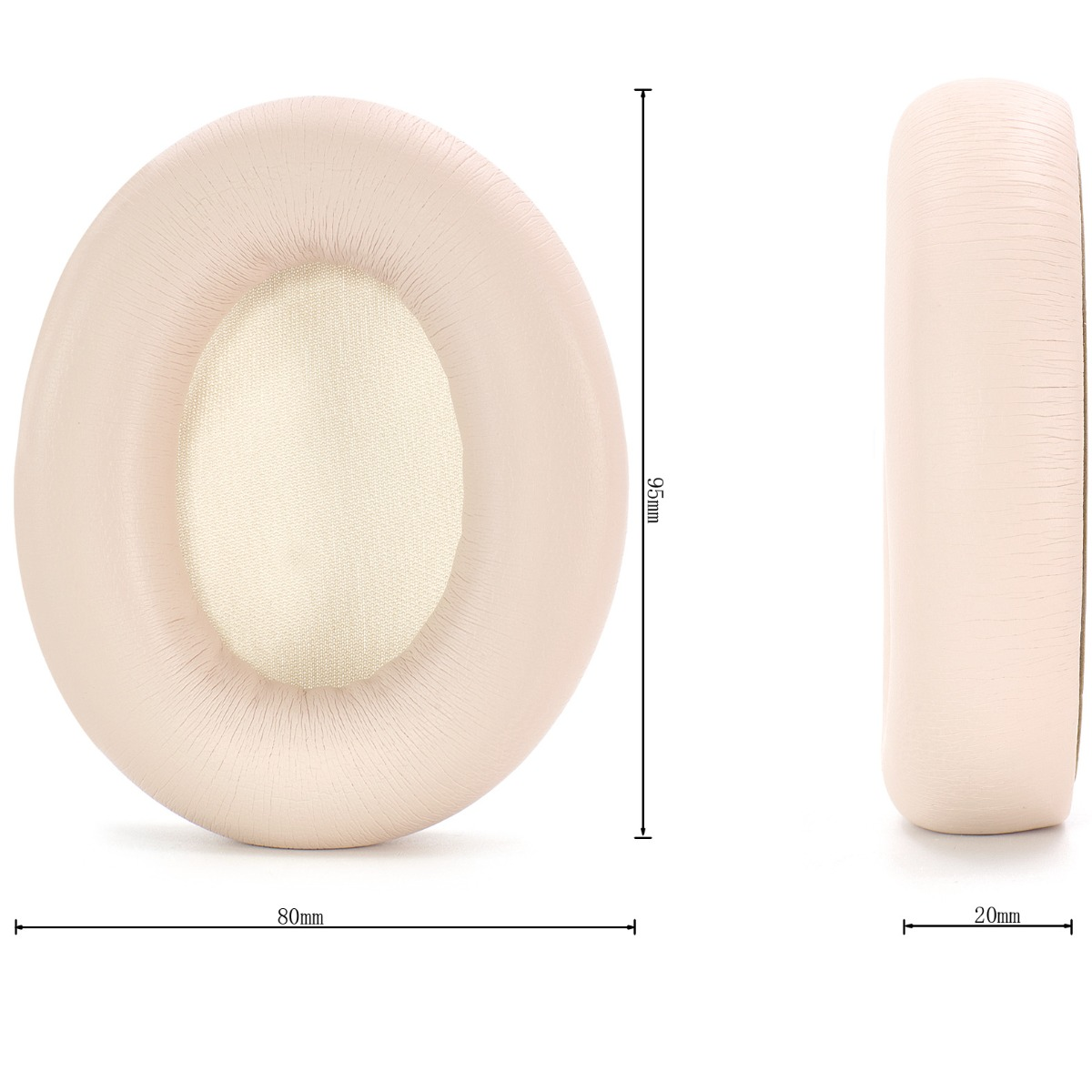 Almohadilla para auriculares, beige, vista frontal y lateral. Medidas: 80 mm ancho, 95 mm alto y 20 mm grosor. El centro es beige claro.