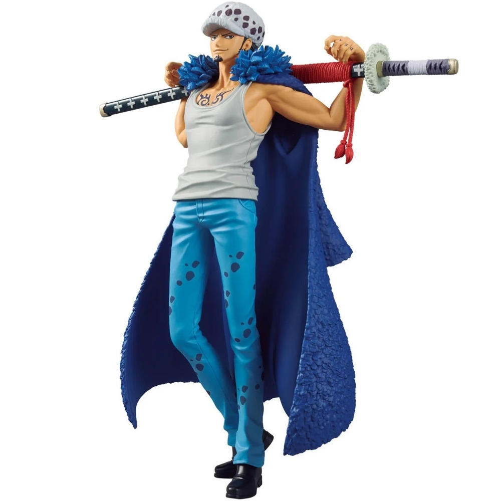 Figur eines Mannes mit Tätowierung, weißem Hut, weißem Hemd, blauer Hose und blauem Umhang, der ein Schwert hält.
