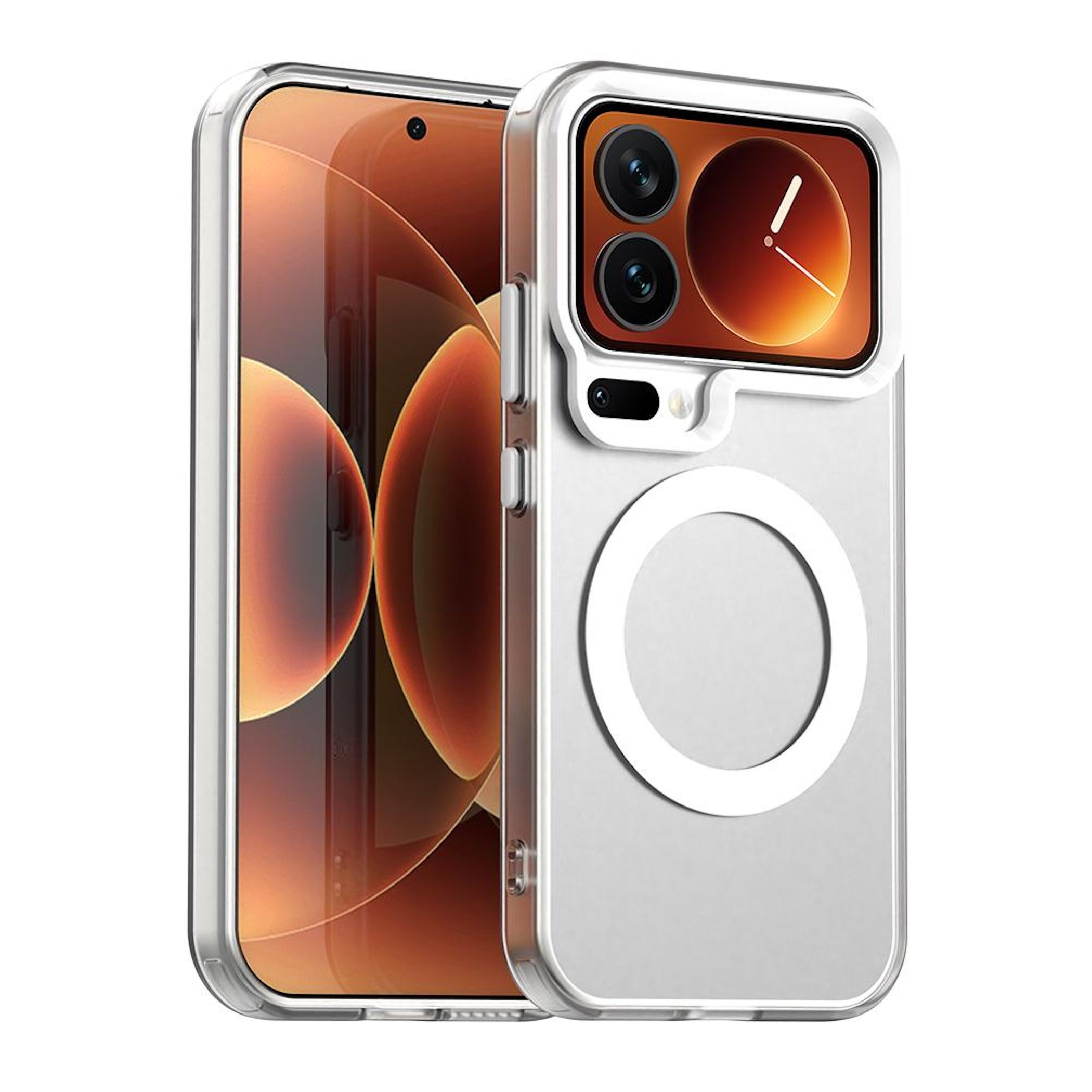 Un teléfono en una funda transparente. La funda tiene un círculo blanco y un cuadrado para la cámara.