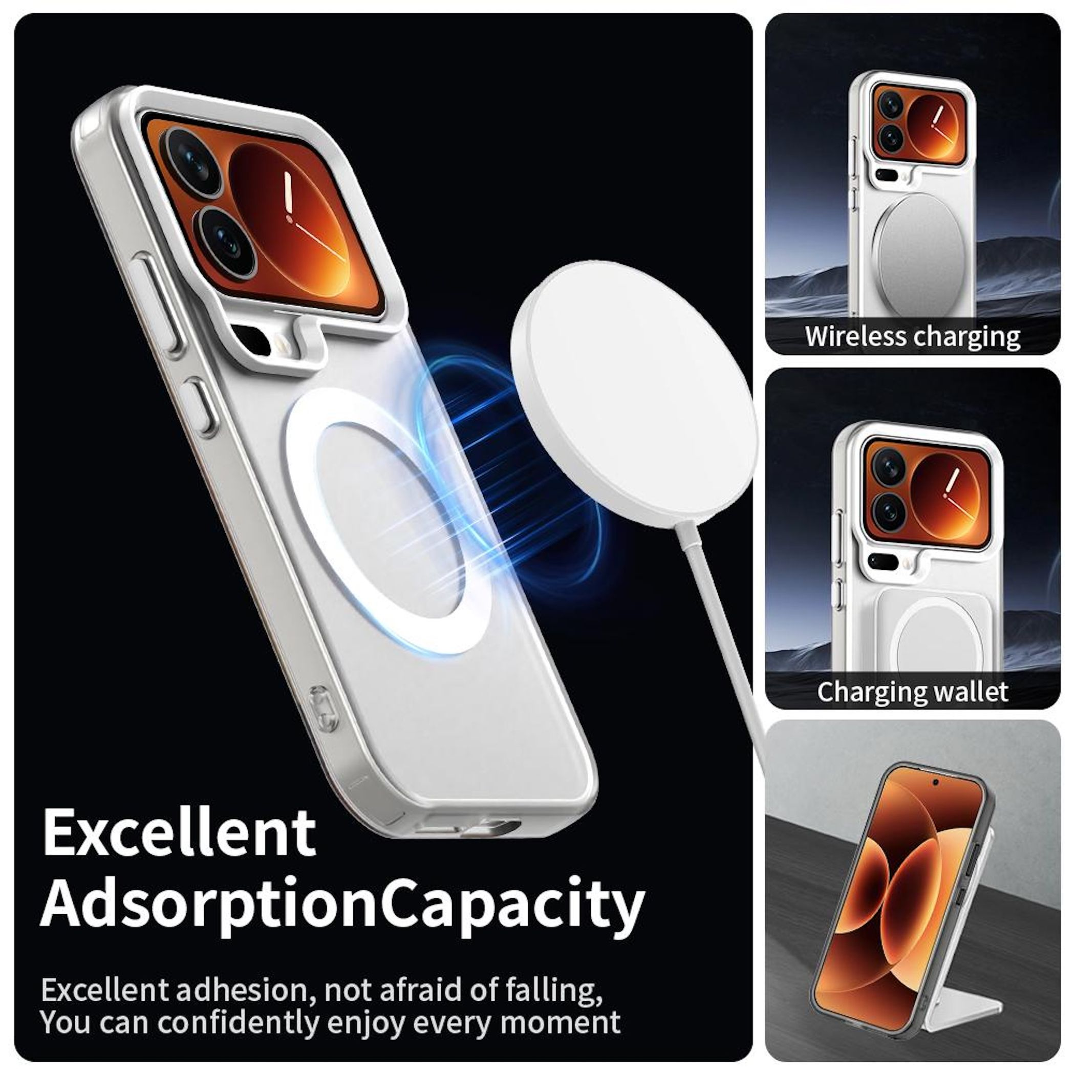 Una funda para teléfono con una plataforma de carga. La funda es plateada, la pantalla del teléfono tiene un diseño naranja. El texto dice Excellent Adsorption Capacity.