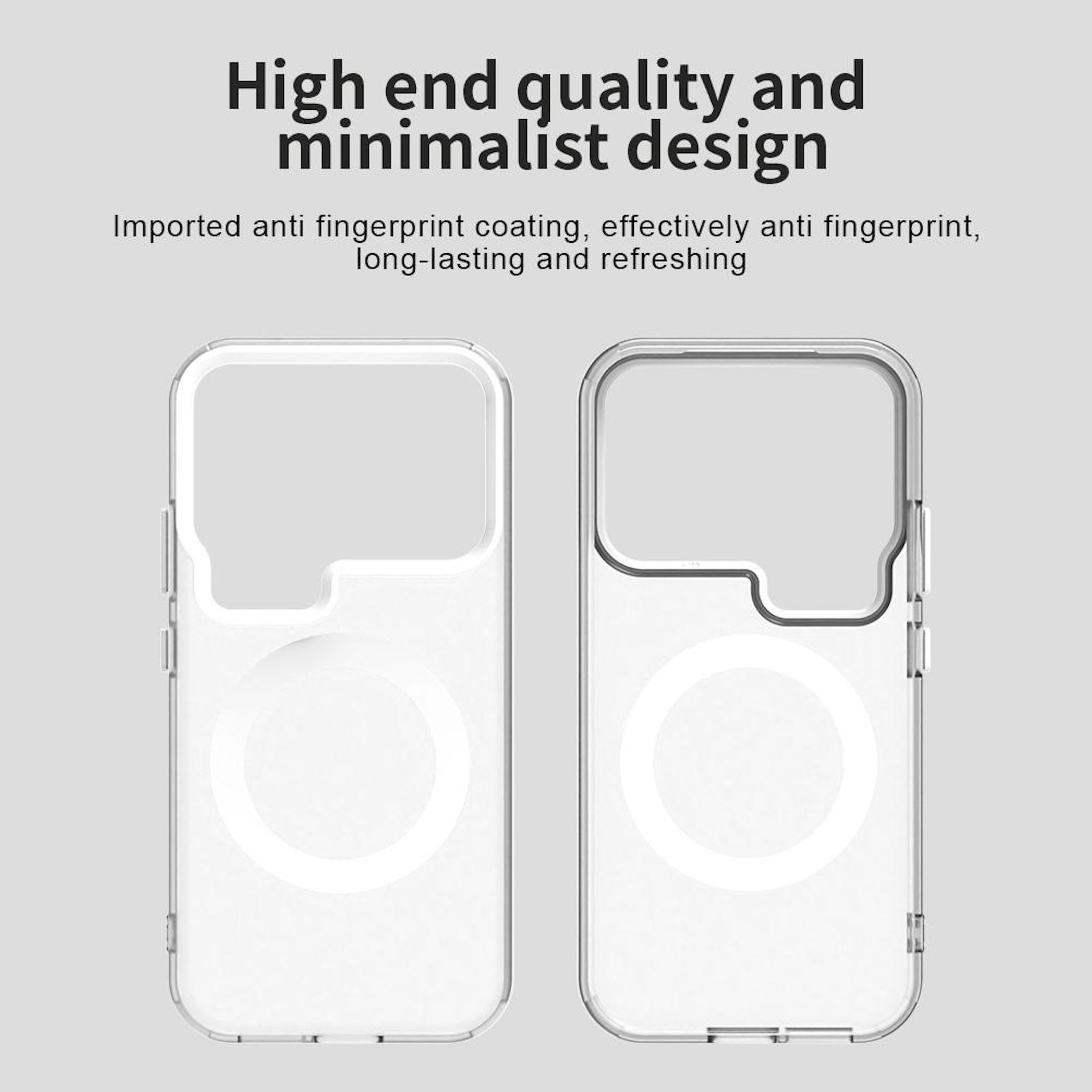 Dos fundas transparentes para teléfono con círculos internos blancos y texto: Alta calidad, diseño minimalista, anti-huellas.
