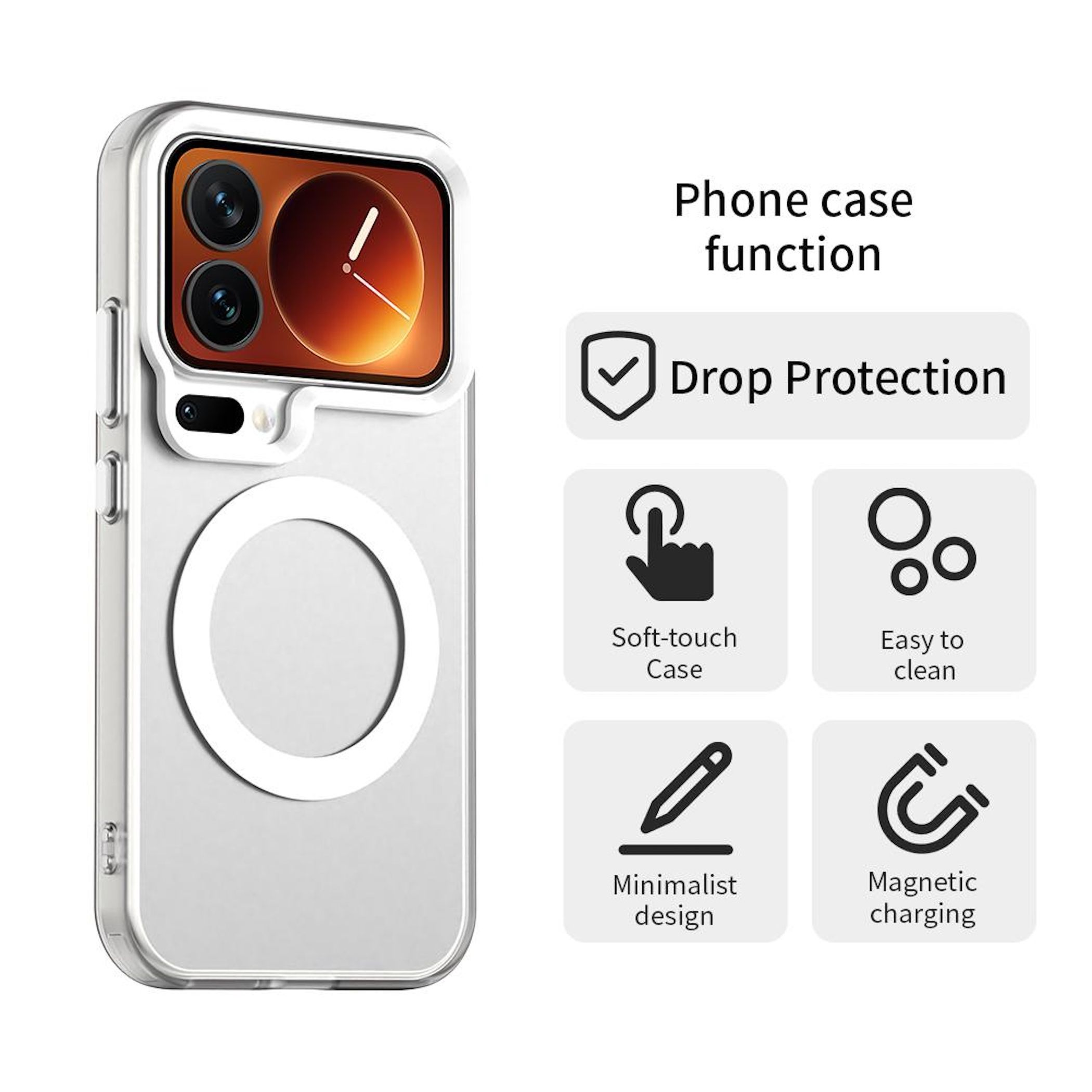 Una funda de teléfono con un recorte para la cámara, un círculo blanco e iconos para protección contra caídas, tacto suave, fácil limpieza, diseño minimalista y carga magnética.