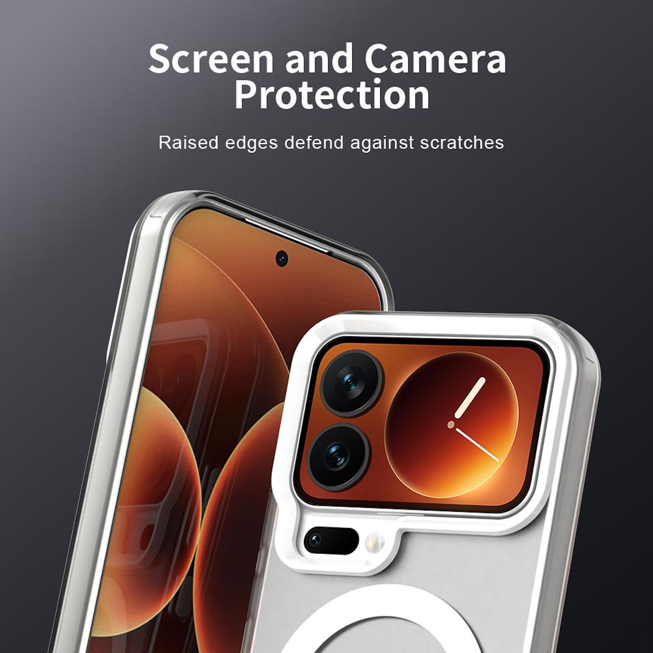 Funda de teléfono con protección de pantalla y cámara. Bordes elevados. Carcasa gris con cámara, pantalla marrón.
