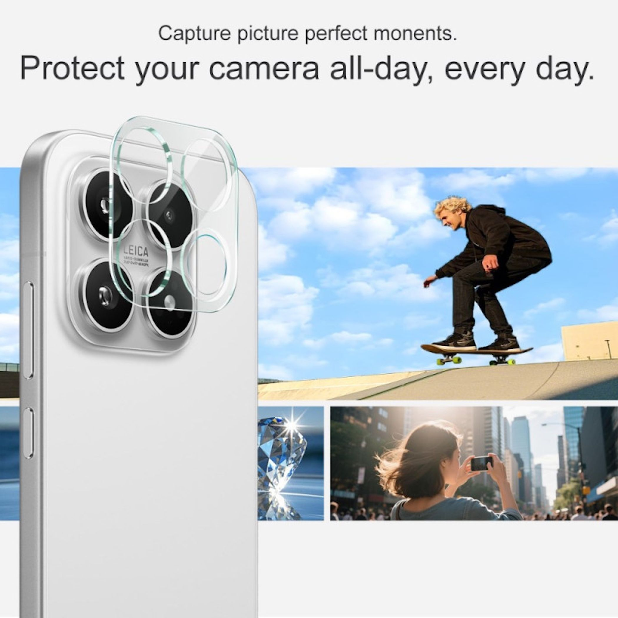 L'immagine mostra un telefono con protezione lente, uno skater, un diamante e una persona che scatta una foto in città. Il cielo è blu.