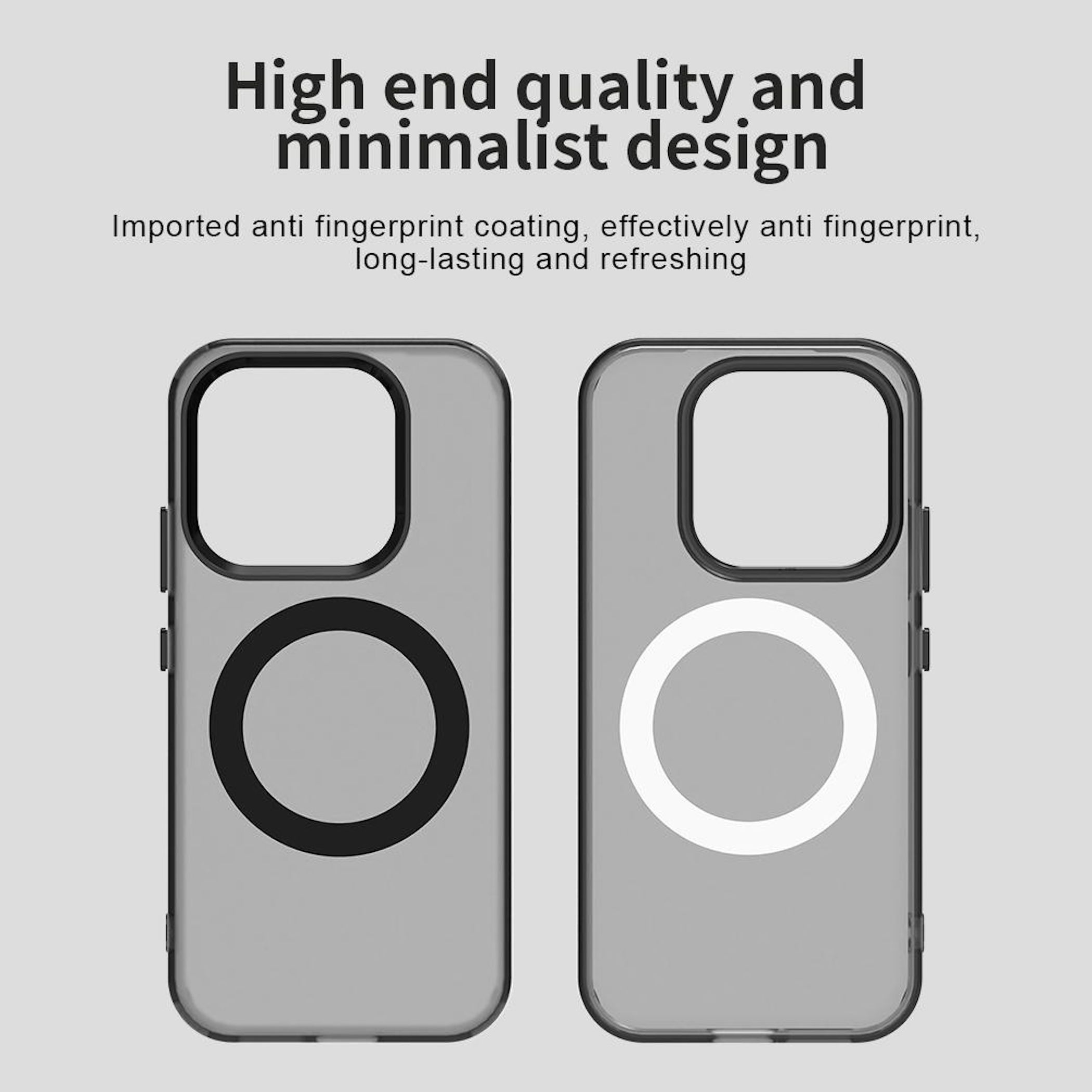 Dos fundas para teléfono con diseño de círculo blanco y negro. Texto superior: 'Diseño minimalista y de alta calidad'.