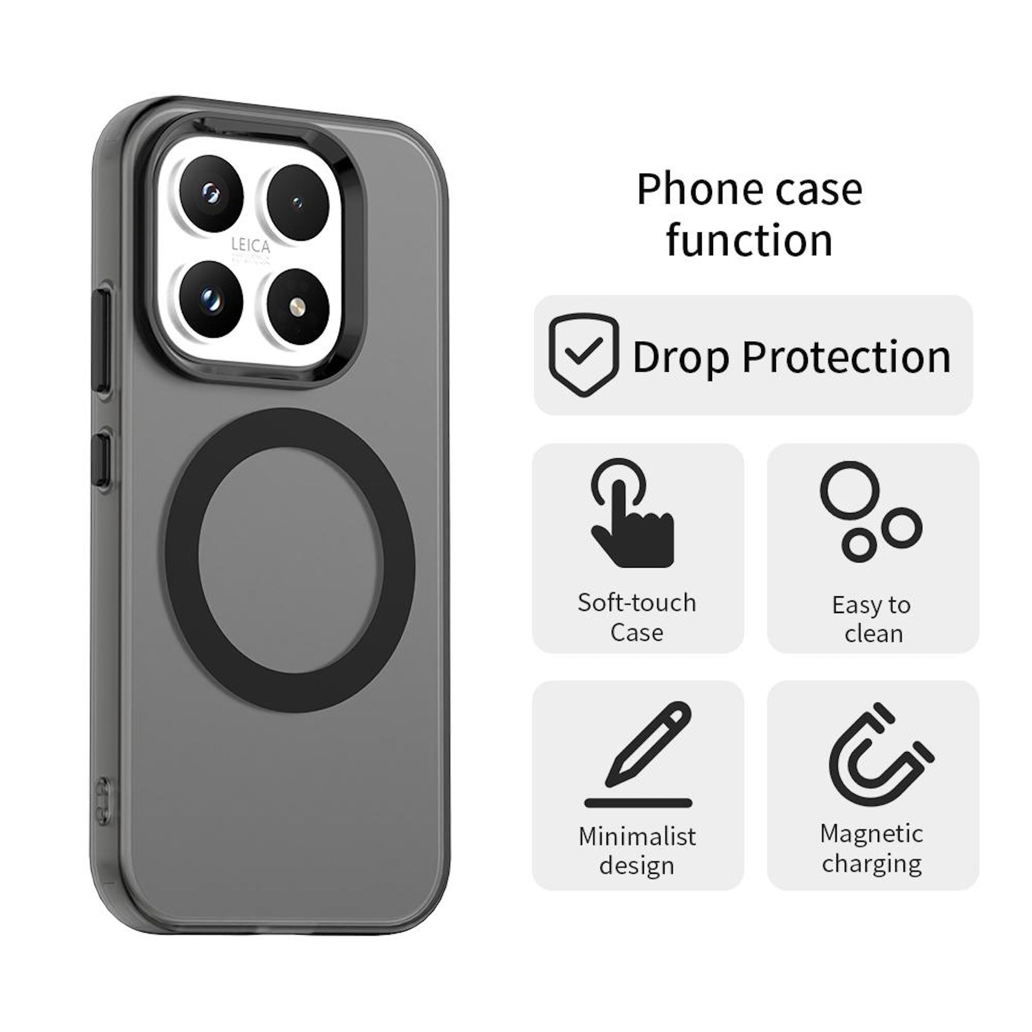 Una funda para teléfono con detalles de cámara. Las características son protección contra caídas, funda suave, fácil de limpiar, diseño minimalista y carga magnética.
