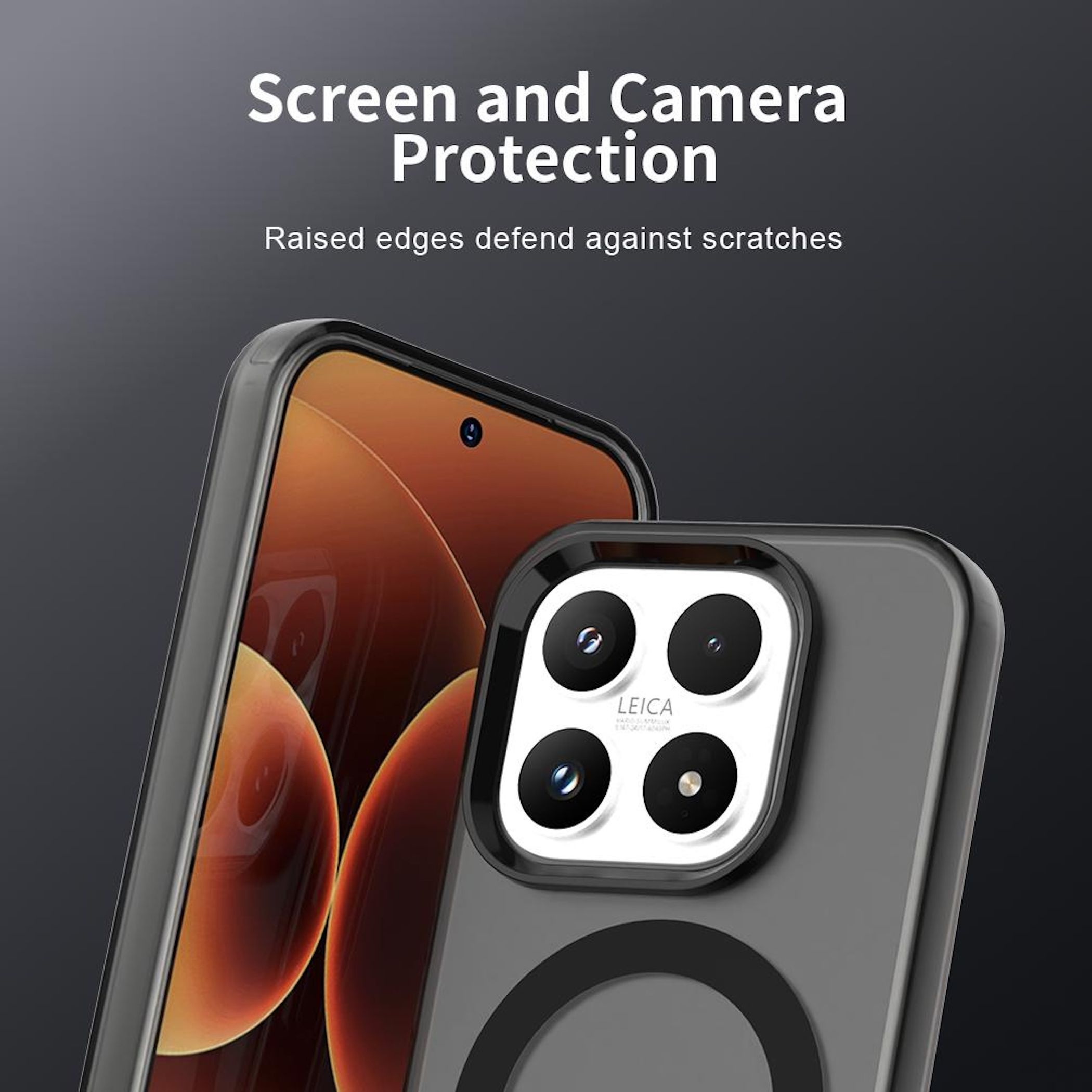 Funda de teléfono, protección de pantalla y cámara. Muestra teléfono y cámara, logo Leica visible. Bordes elevados contra arañazos.