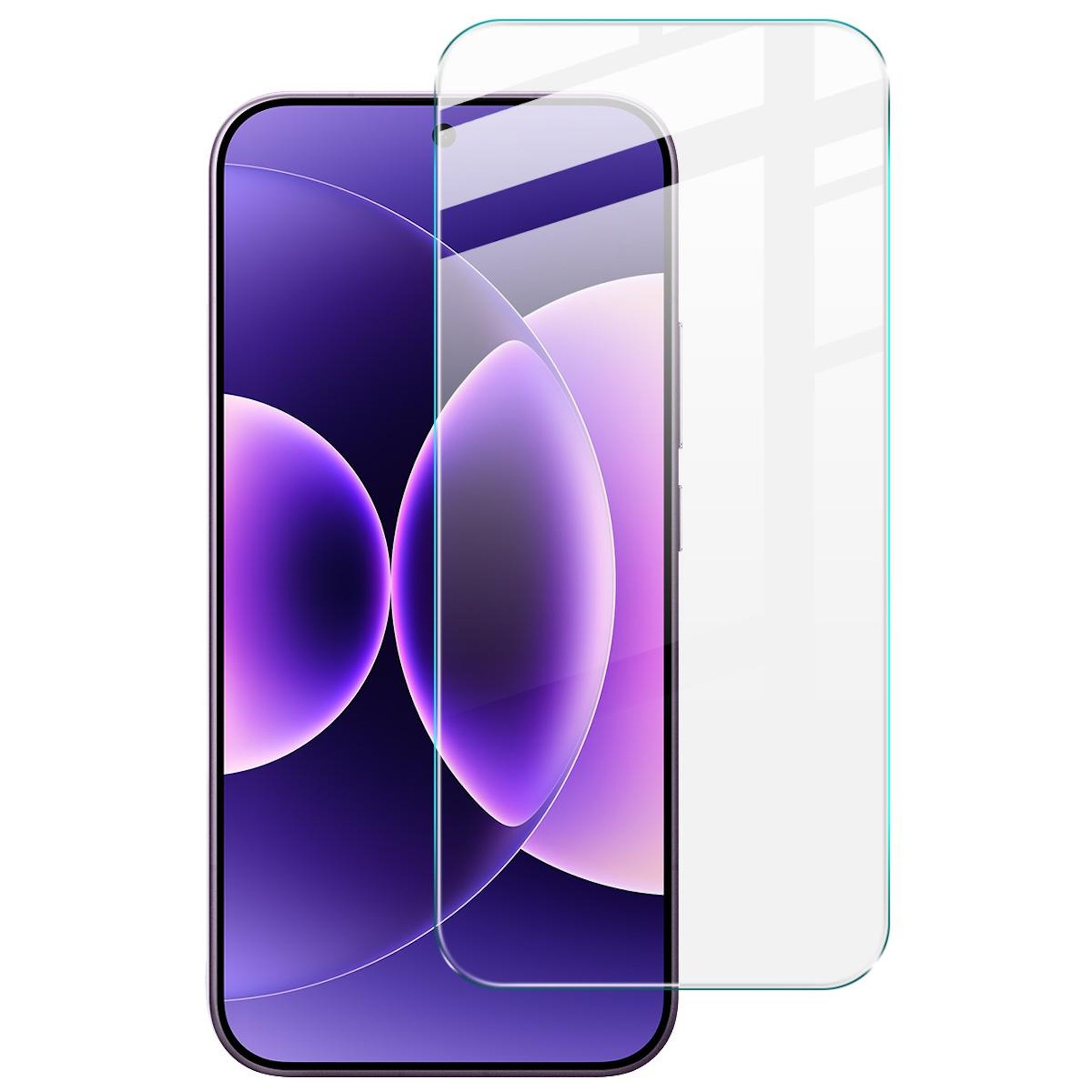 Uno smartphone con protezione schermo. Il telefono è viola. La protezione è trasparente. Sfondo bianco.