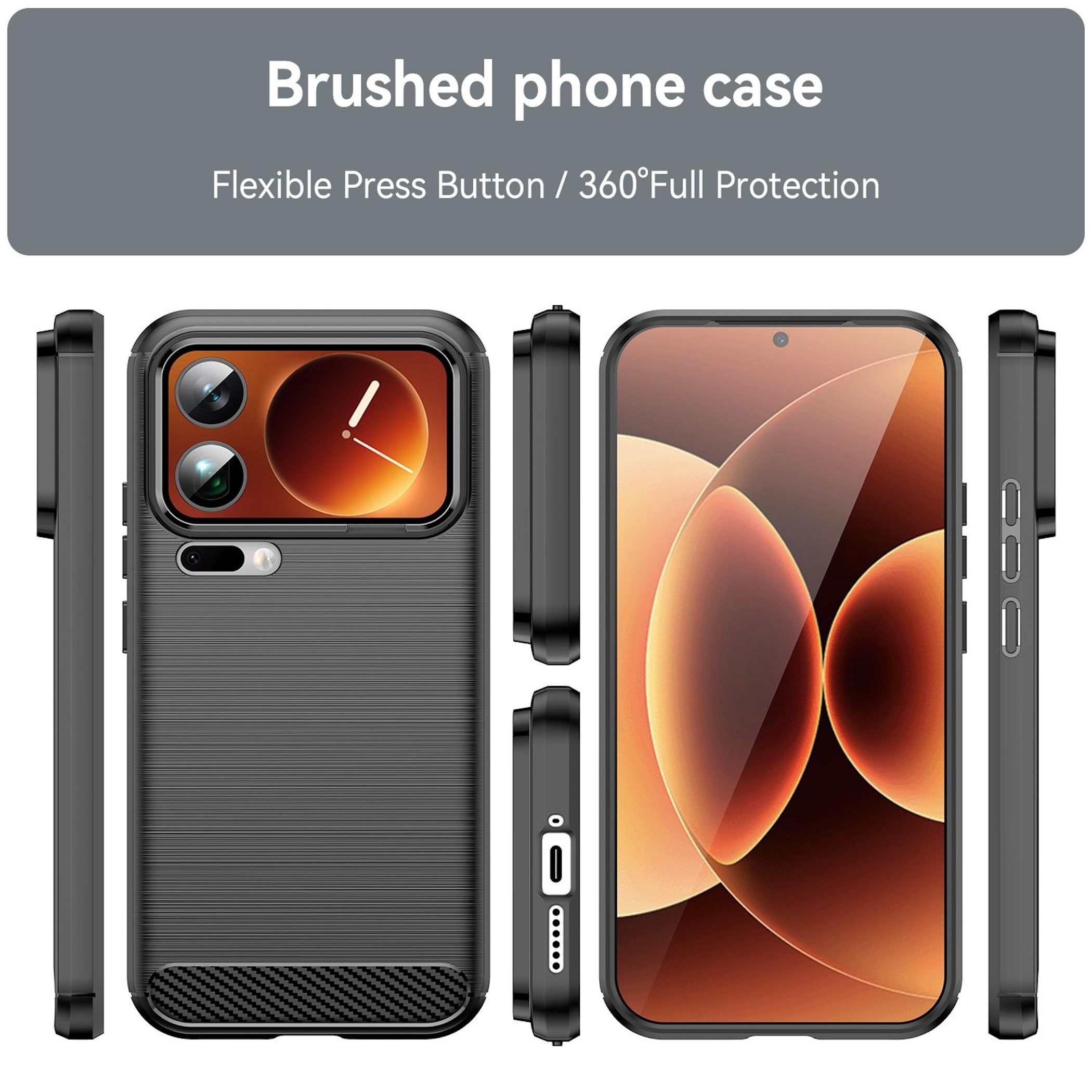 Una funda para teléfono, con textura cepillada, en múltiples vistas. La pantalla muestra un diseño abstracto con degradados.