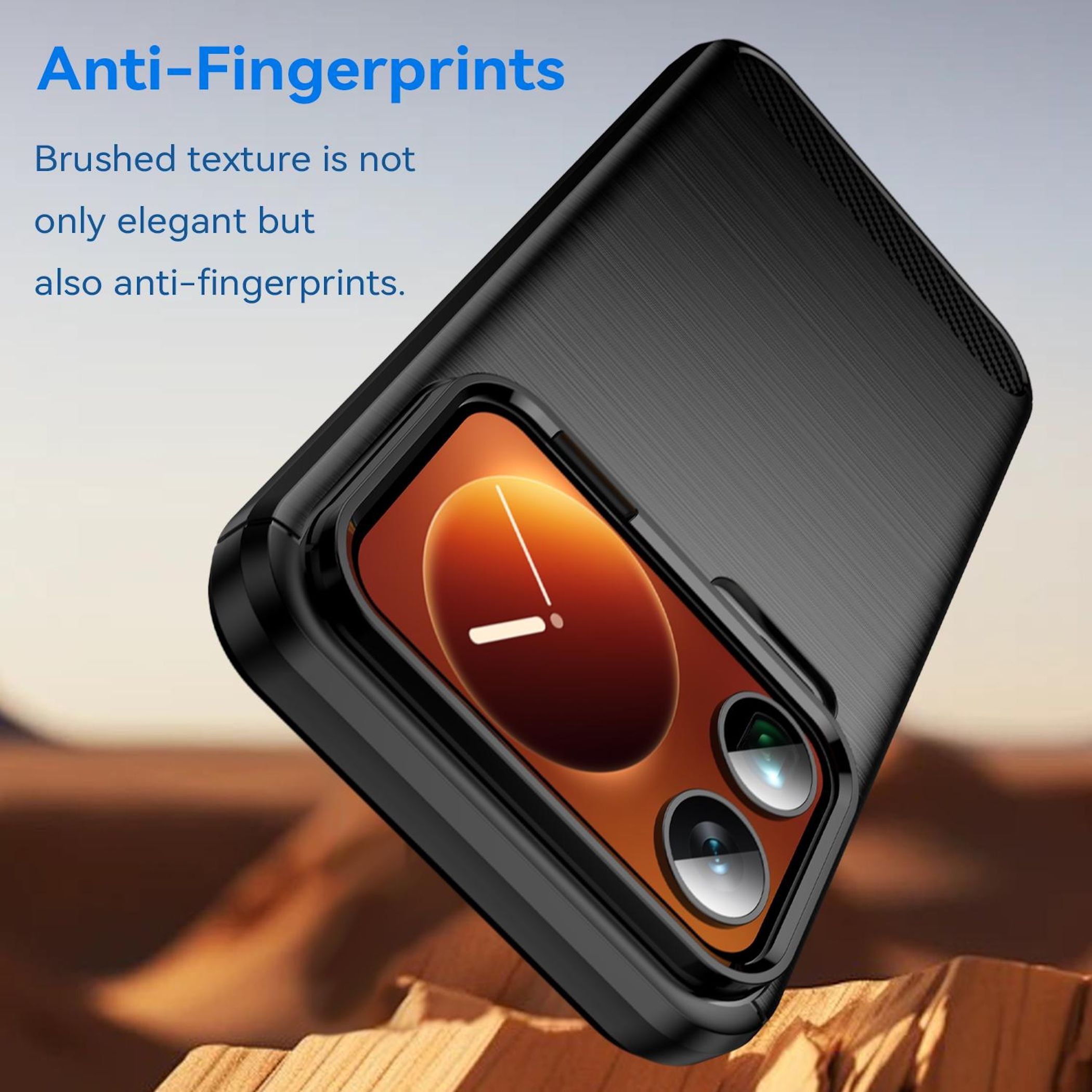 Una funda negra para teléfono, que muestra la pantalla y las cámaras del teléfono. La funda tiene una textura cepillada.