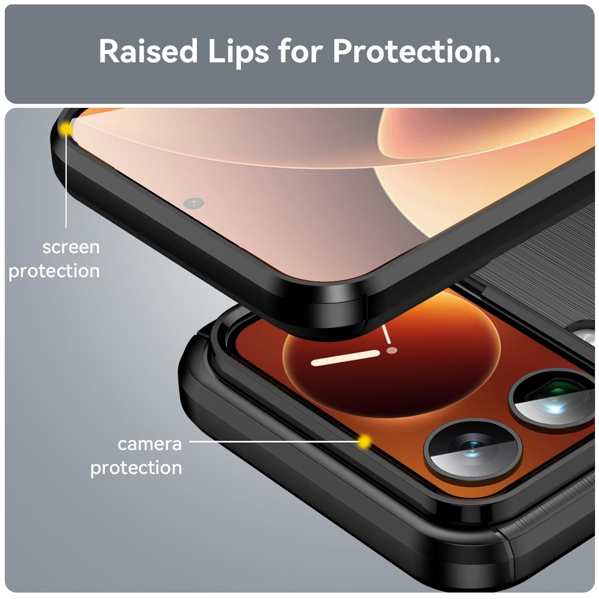 Se muestra una funda de teléfono con bordes elevados para proteger la pantalla y la cámara. La funda es negra, el teléfono naranja.