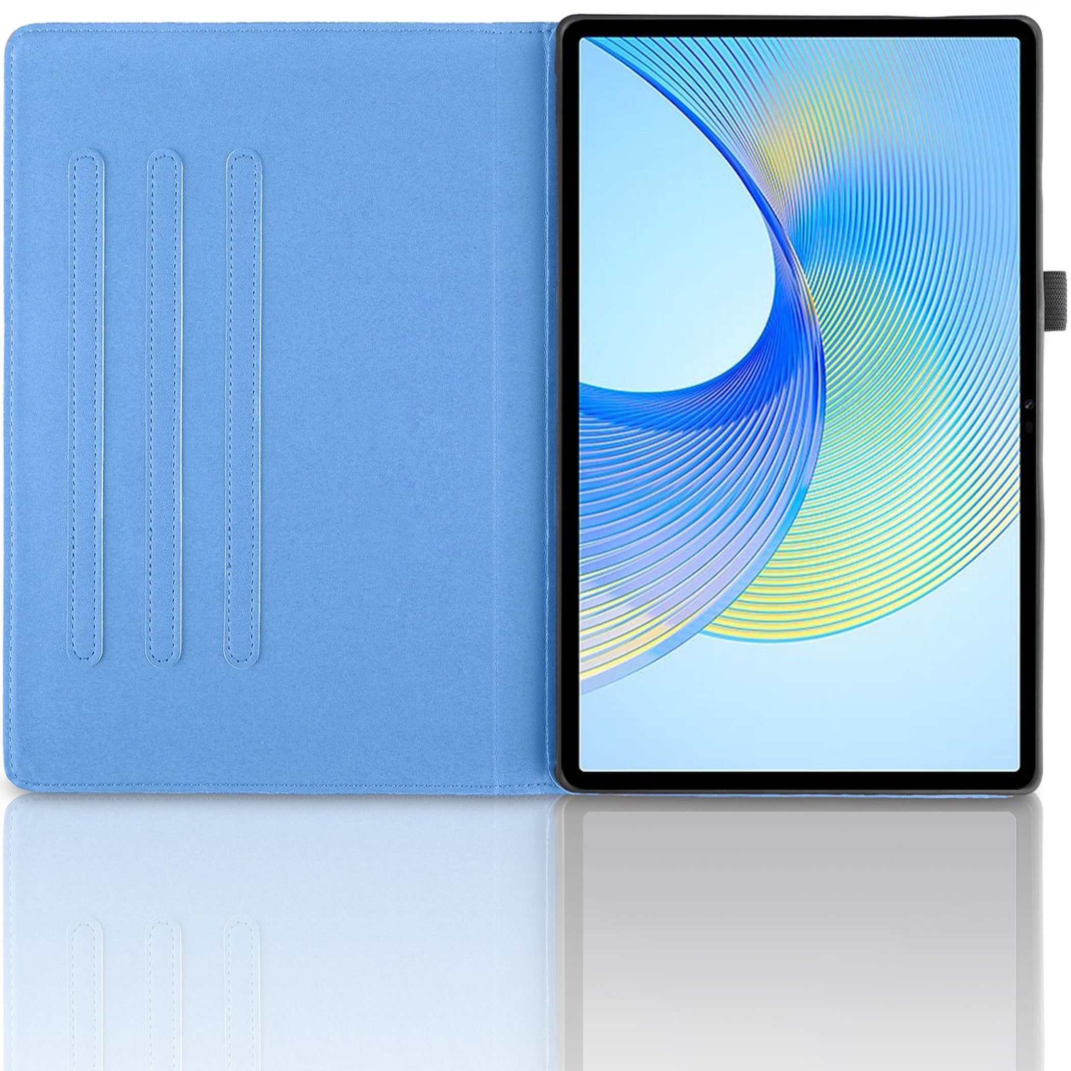 Tableta en una funda azul claro. Pantalla muestra diseño abstracto azul y amarillo. La funda tiene tres ranuras.