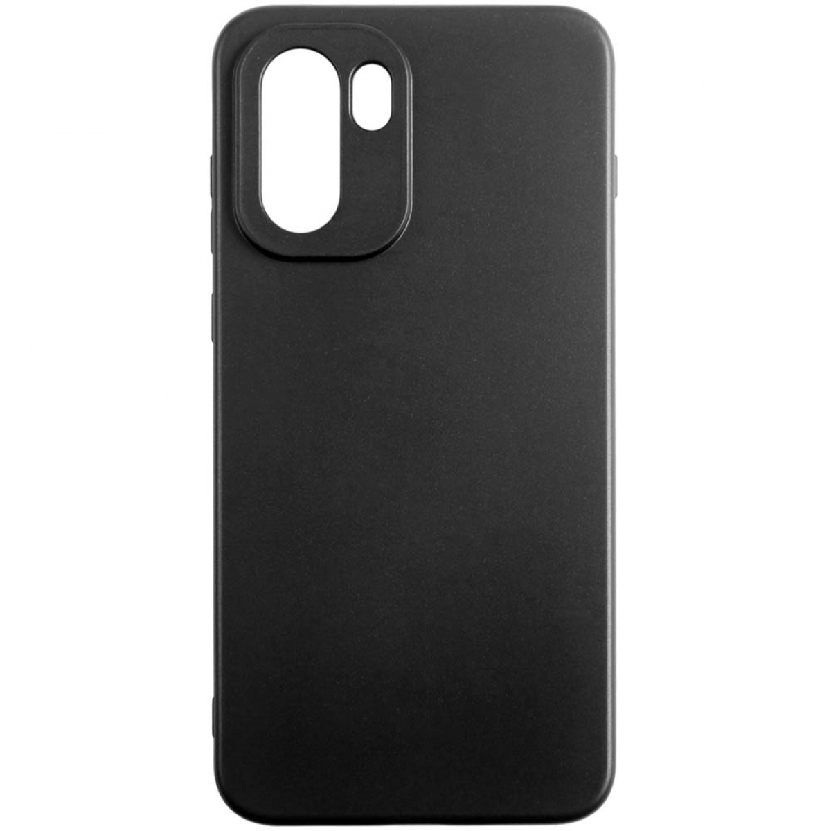 Eine schwarze Telefonhülle mit Kameraausschnitten wird gezeigt. Die Hülle ist schlicht mit mattem Finish. Der Kamerabereich ist oben links.