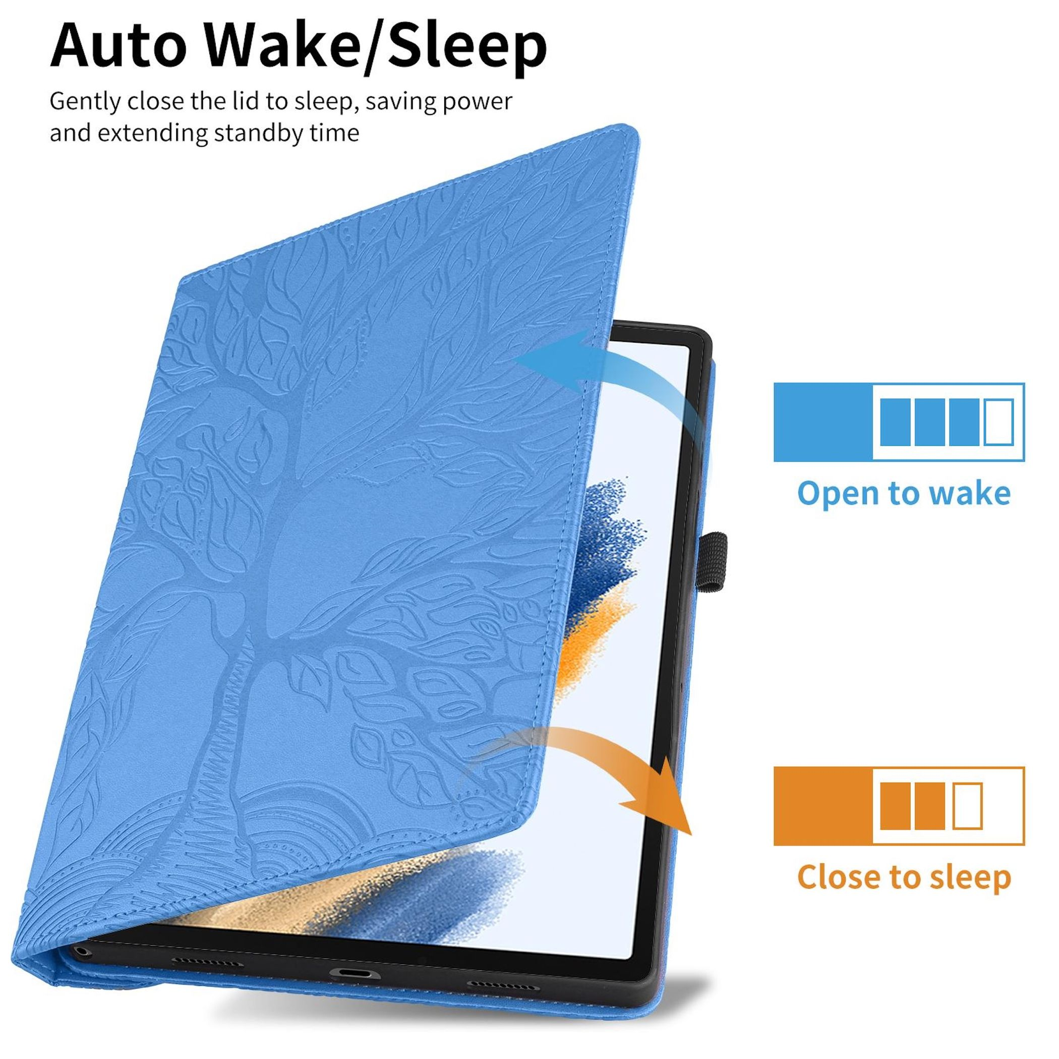 Una funda azul para tableta con diseño de árbol está abierta, mostrando la pantalla. Flechas e iconos de batería ilustran despertar/dormir.