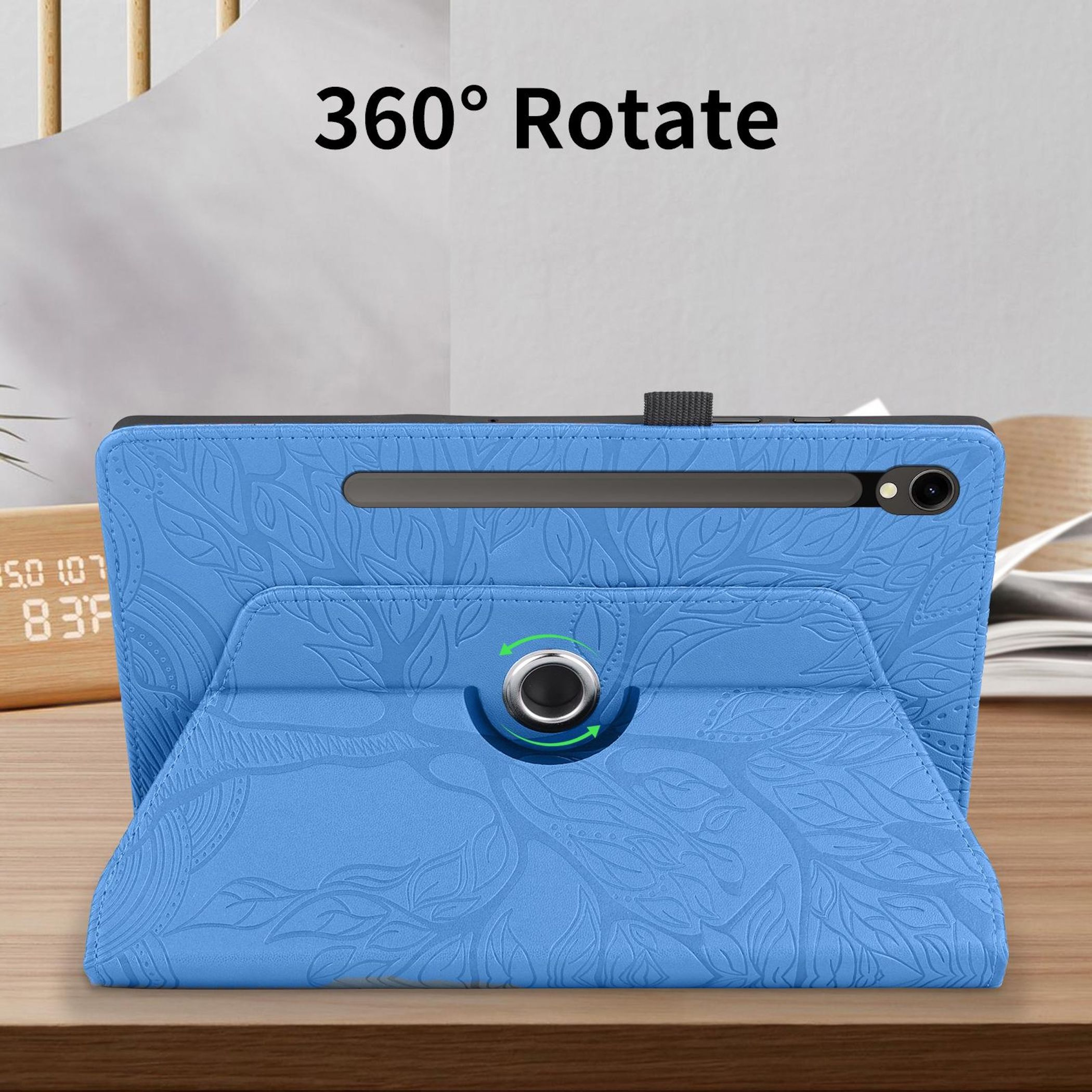 Funda azul para tableta con estampado floral sobre madera. Texto: 360° Girar.