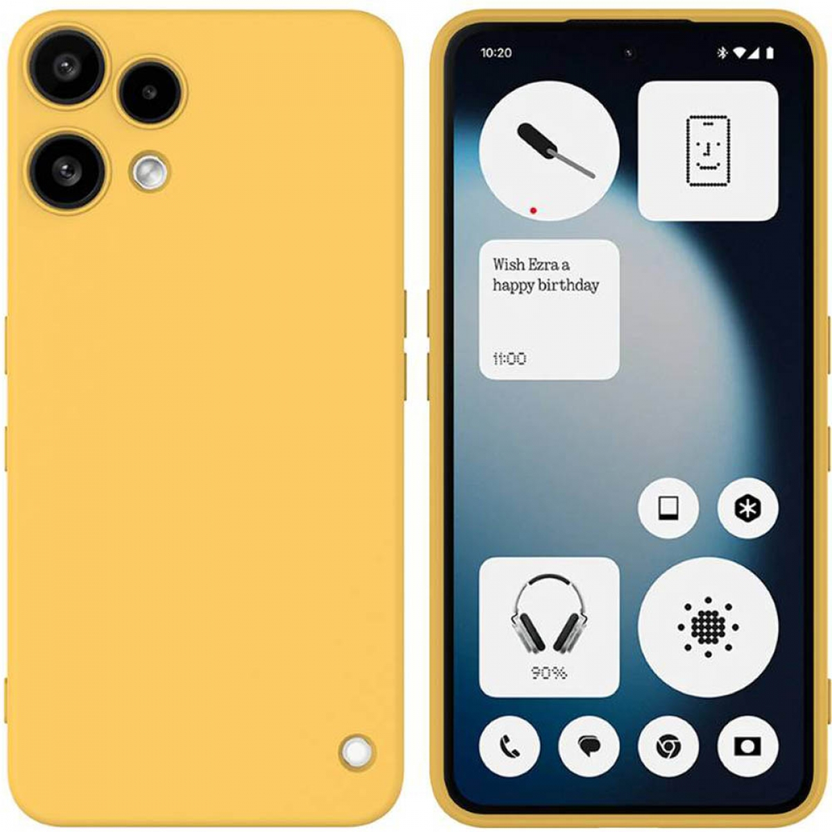 Eine gelbe Handyhülle und ein Handy. Das Handy zeigt Widgets wie einen Kalender, Kopfhörer und App-Symbole.
