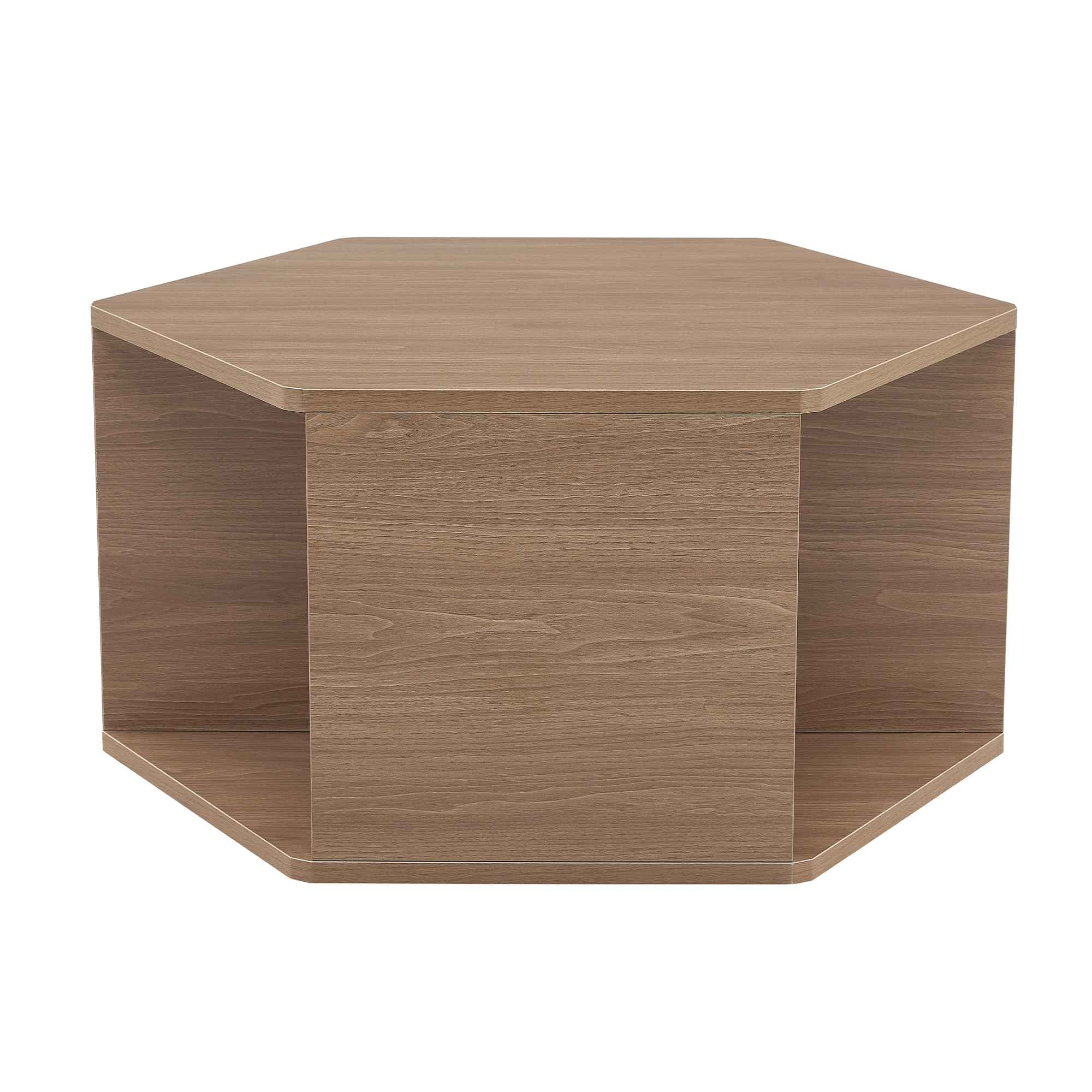 Ein sechseckiger Couchtisch aus Holz. Er hat ein offenes Regal und ist aus hellbraunem Holz gefertigt.