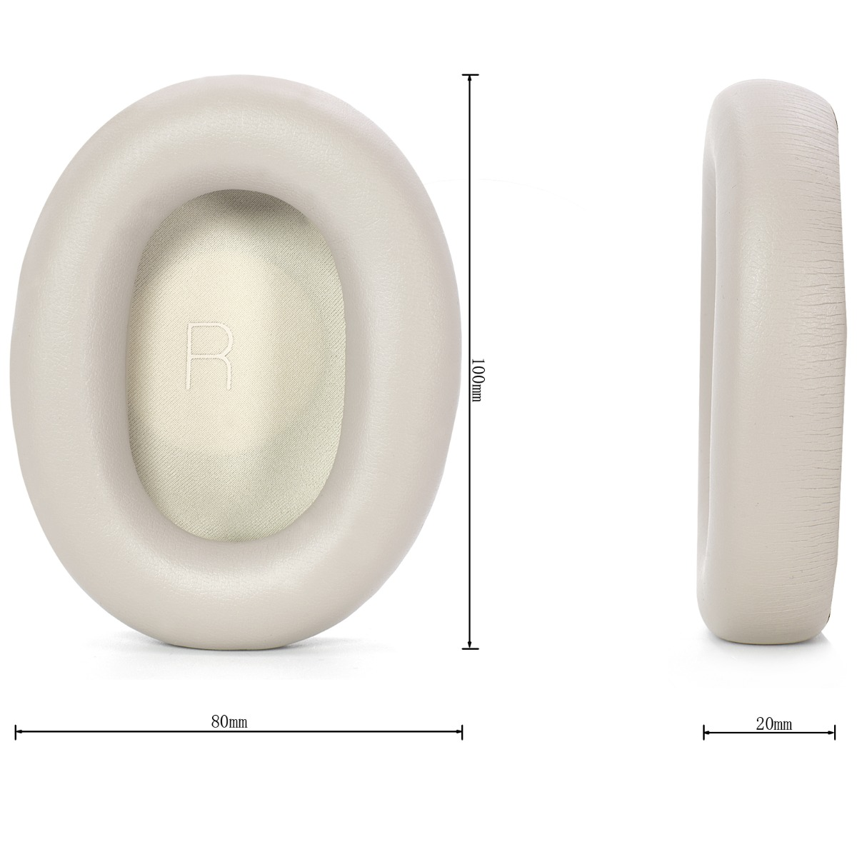Zwei beige Kopfhörer-Ohrpolster sind abgebildet. Eines wird von vorne, das andere von der Seite betrachtet. Abmessungen von 80x100x20mm.