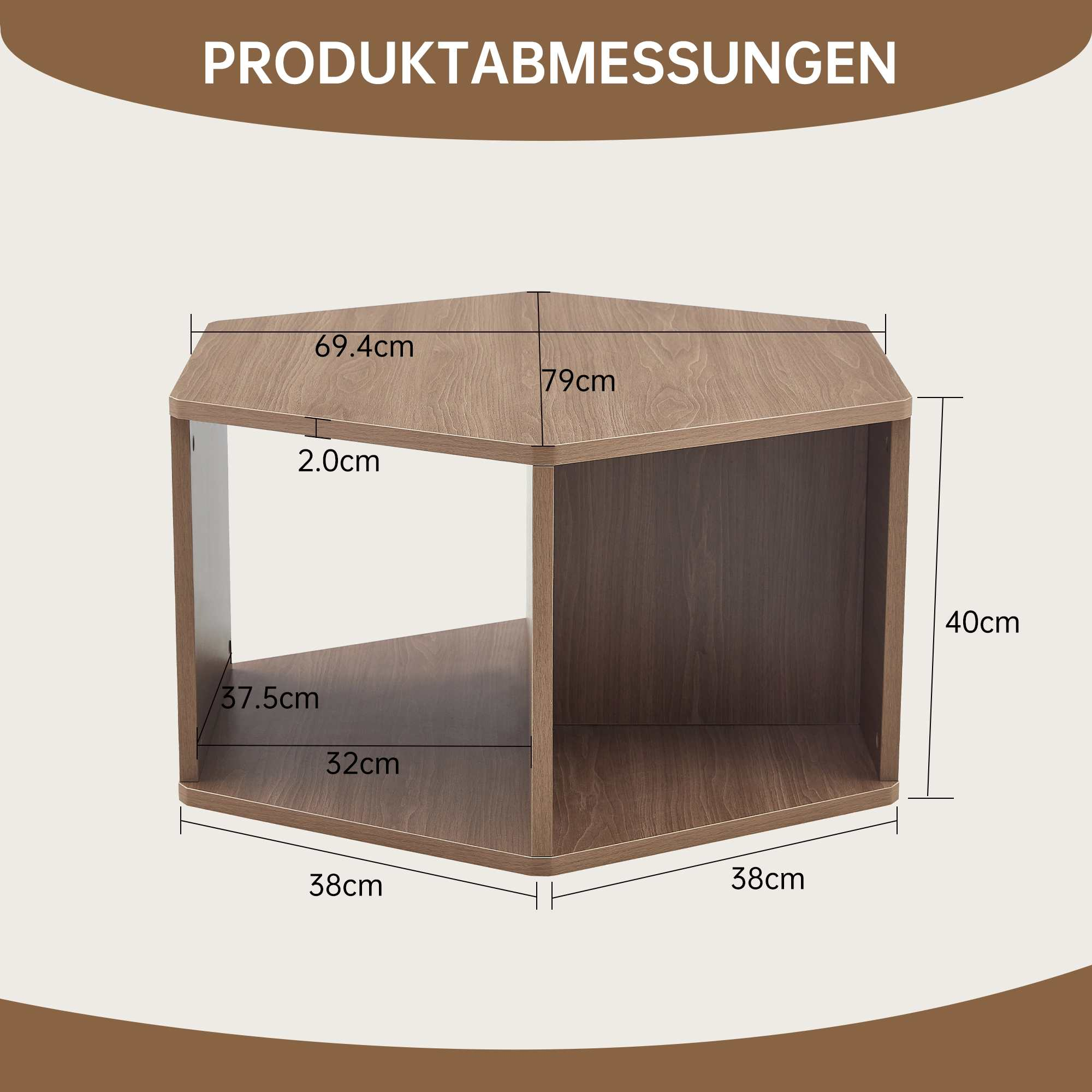 Braunes Holzregal mit Maßangaben. Es hat offene Seiten. Oben steht Produktabmessungen.