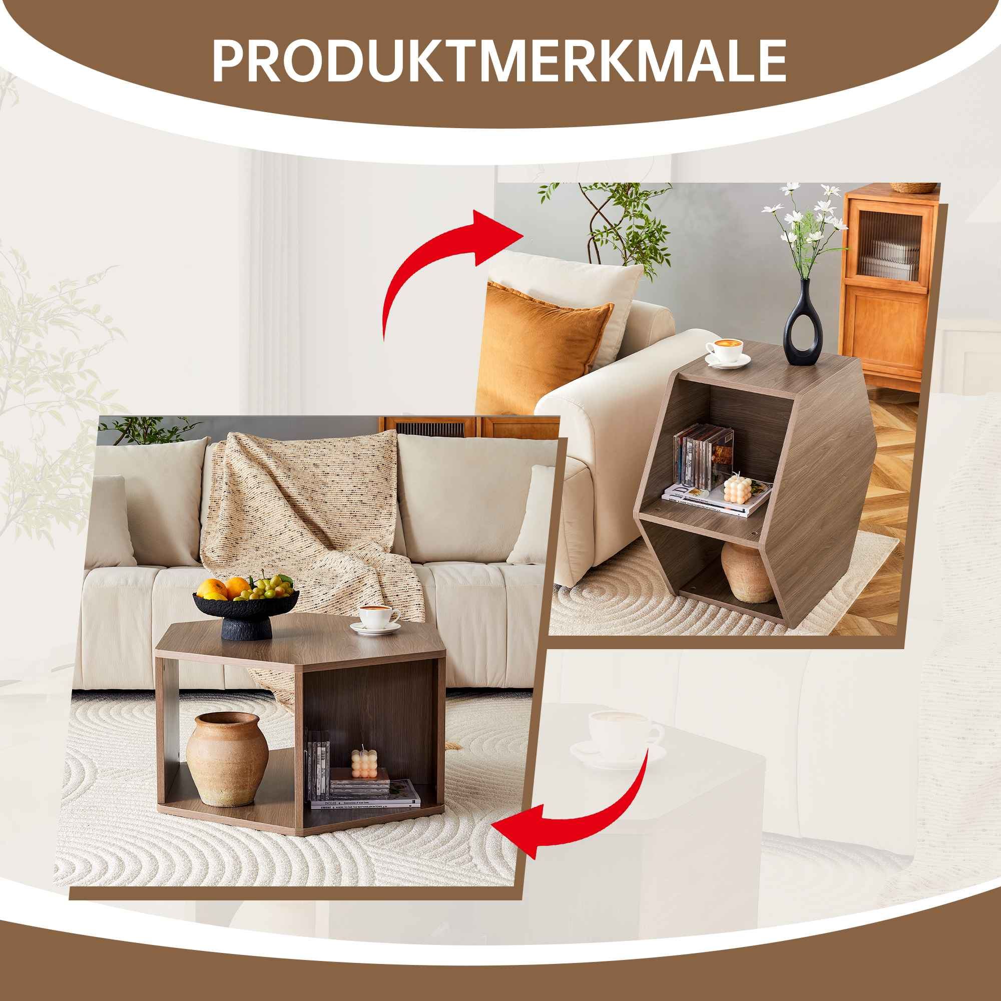 Wohnzimmer-Setup mit zwei Couchtischen, Sofas und dekorativen Gegenständen. Rote Pfeile zeigen auf die Objekte.
