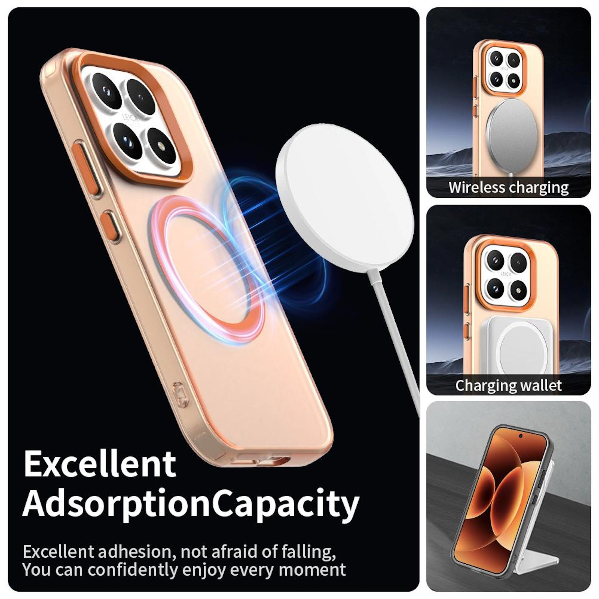 Una funda de teléfono con una plataforma de carga. La funda es dorada y la plataforma blanca. Texto: 'Excellent Adsorption Capacity'.