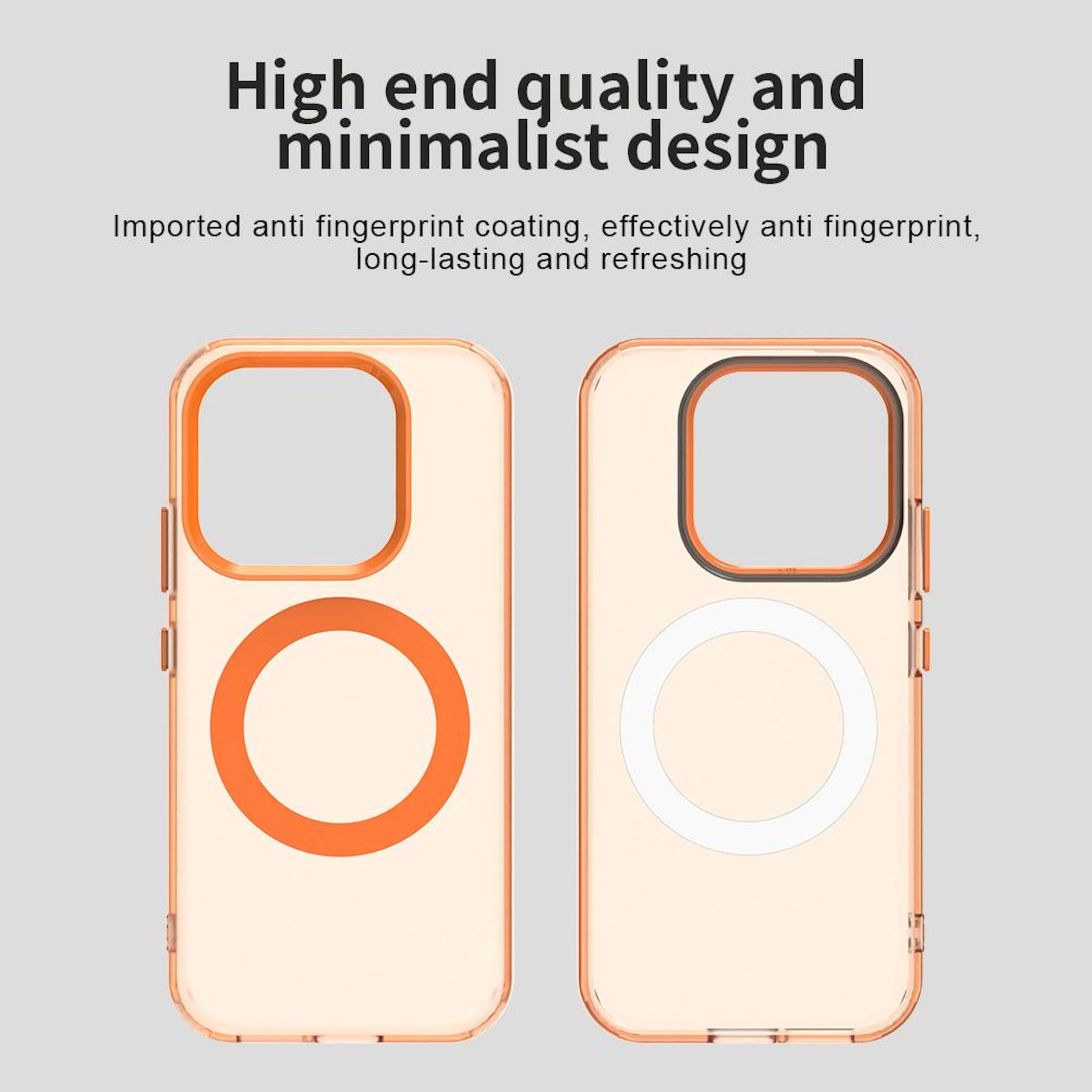 Dos fundas para teléfonos. Una naranja y otra blanca. Las fundas están sobre un fondo gris claro. El texto sobre las fundas está arriba.