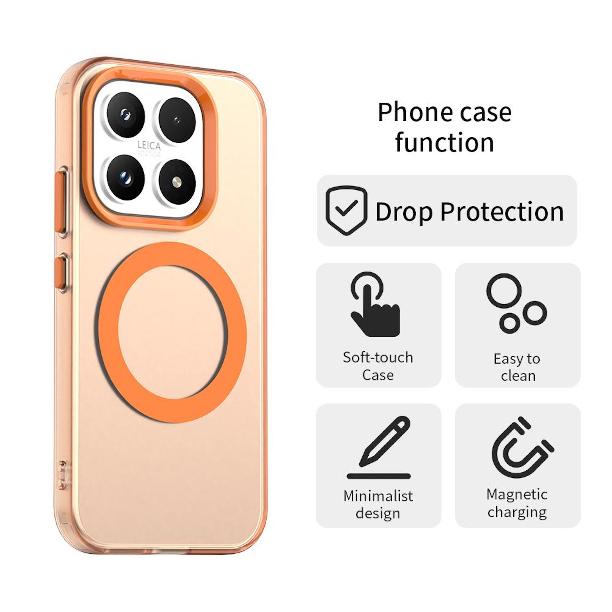 Una funda de teléfono con un círculo naranja, ofrece protección contra caídas, tacto suave, fácil limpieza, diseño minimalista y carga magnética.