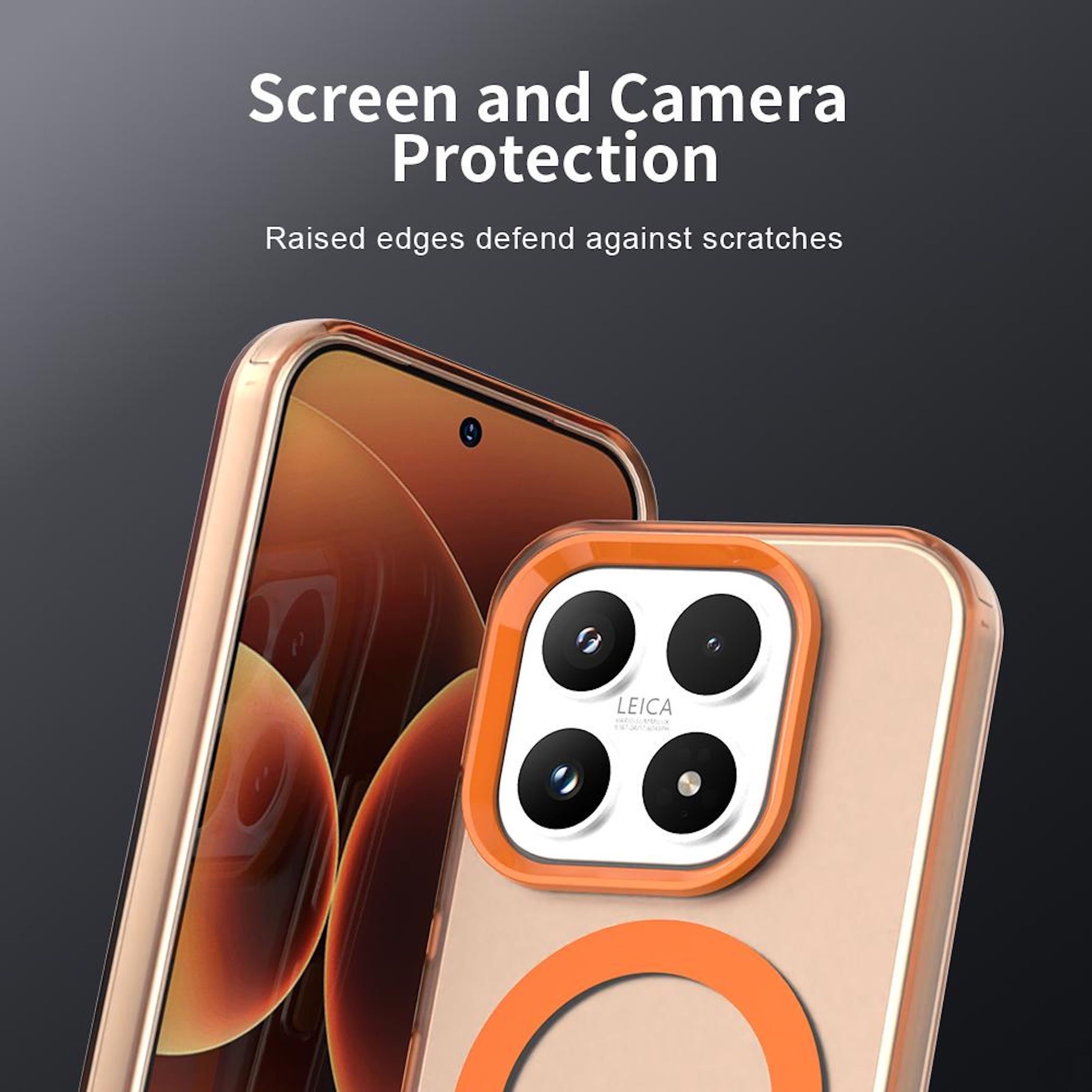 Funda de teléfono con protección de pantalla y cámara. Detalles naranja alrededor de las lentes. Bordes dorados.