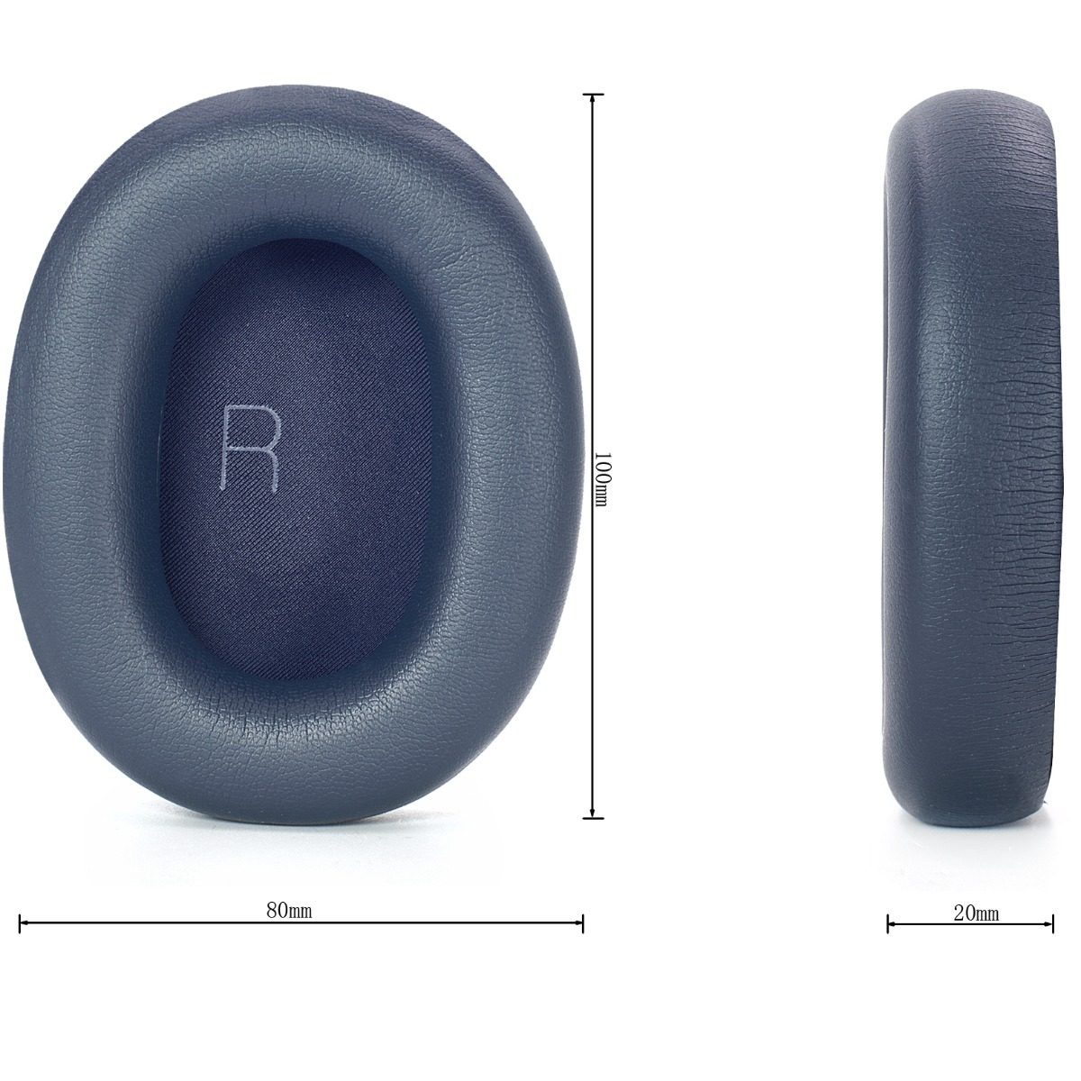 Zwei blaue Kopfhörer-Ohrpolster, eines von oben, eines von der Seite betrachtet. Abmessungen: 80 mm, 100 mm, 20 mm.